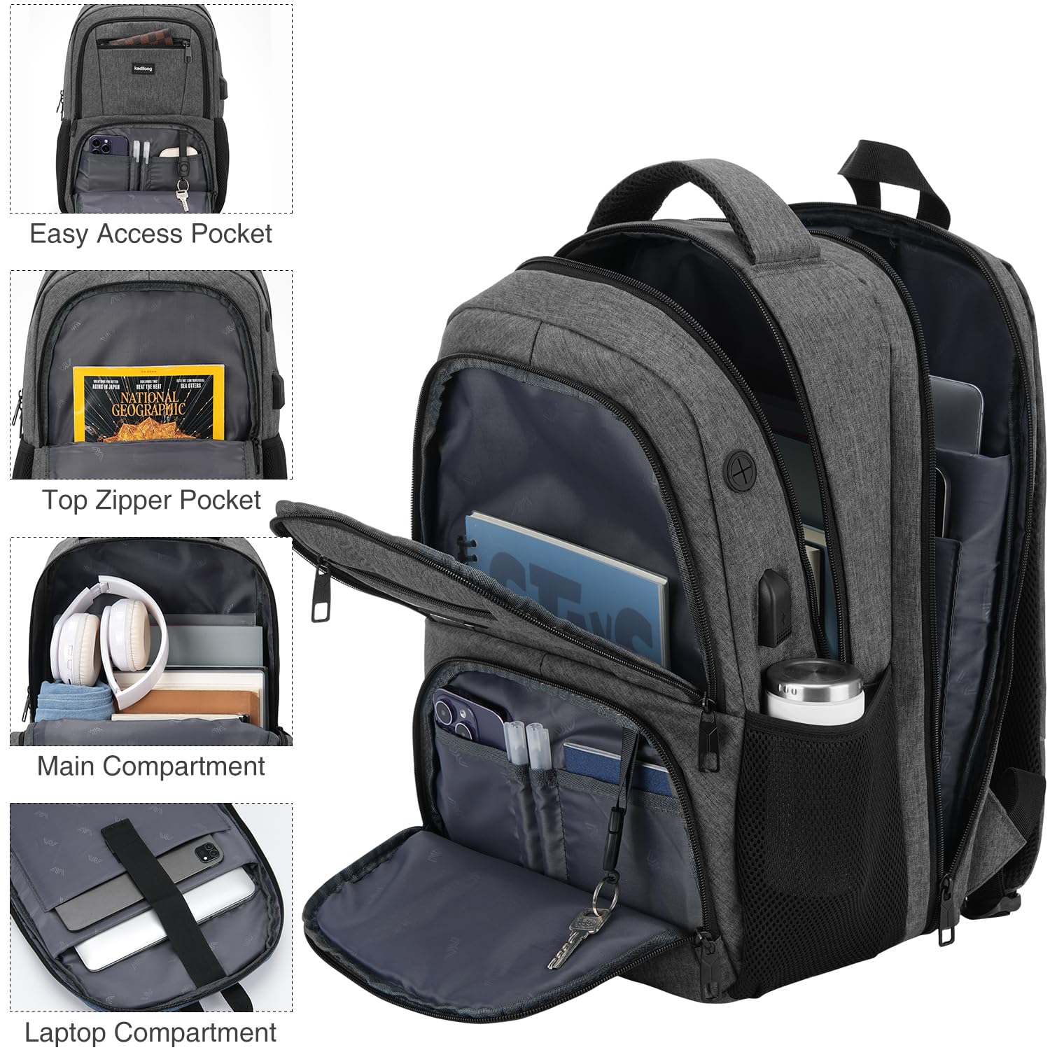 kadilong 17,3 Pouces Sac à Dos de Voyage pour Ordinateur Portable pour Homme pour Affaires,École,Étudiants,Lycée,Cartable Lycée pour Étudiant avec Port de Charge