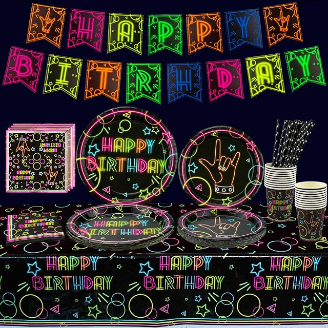XJLANTTE Glow Neon Party Supplies - Glow in the Dark Theme Happy Birthday Banner, Plates, Napkins, Cup, Tablecloth and Paper Straws for Blacklight Neon Party Decorations, Serves 20 Guests