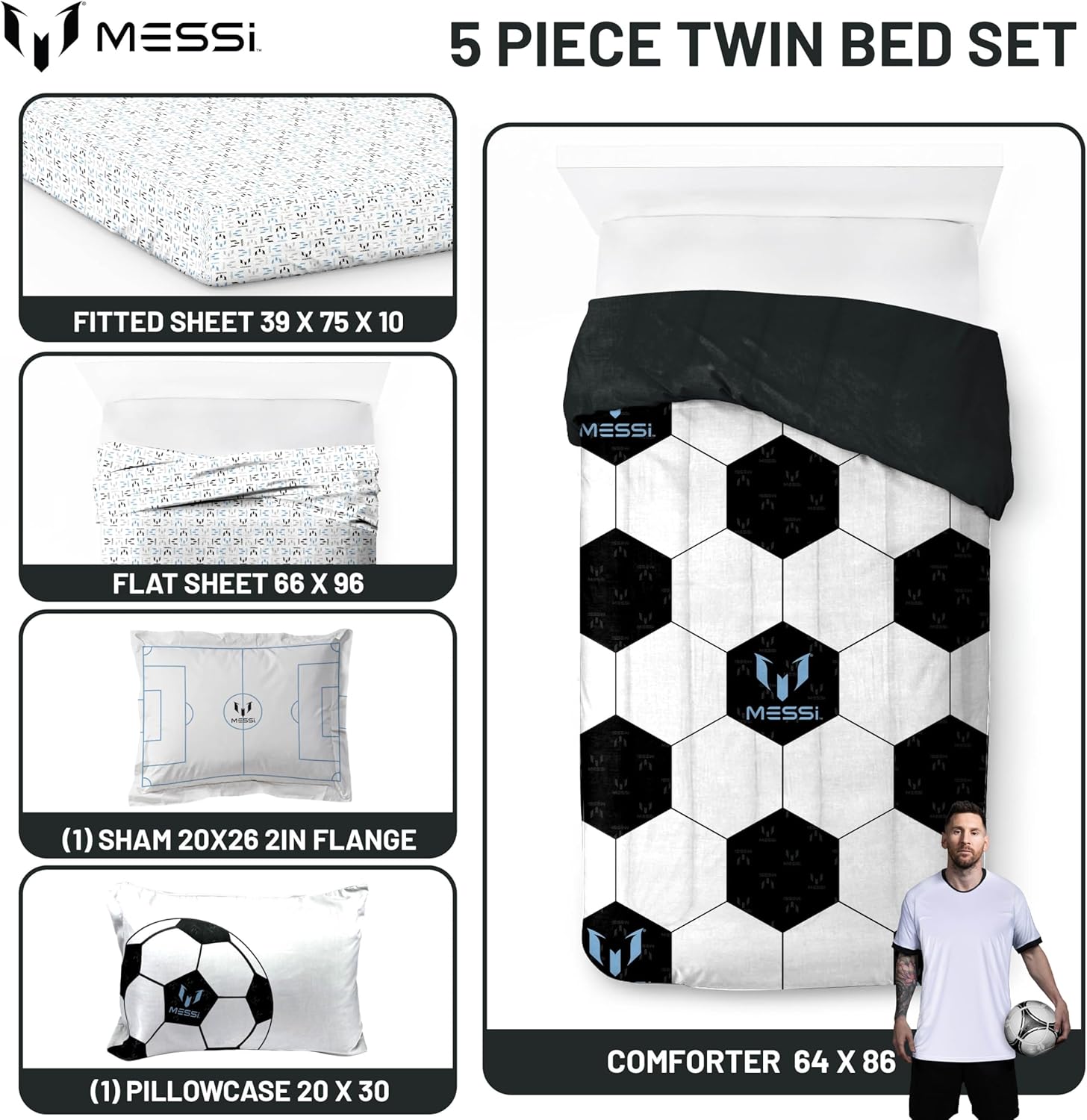 Jay Franco Kids Comforter Set Includes Sheets and Pillow Cover - Soft and Cozy Bed Set for Stylish Room Décor, White - Messi, 5 Piece Twin