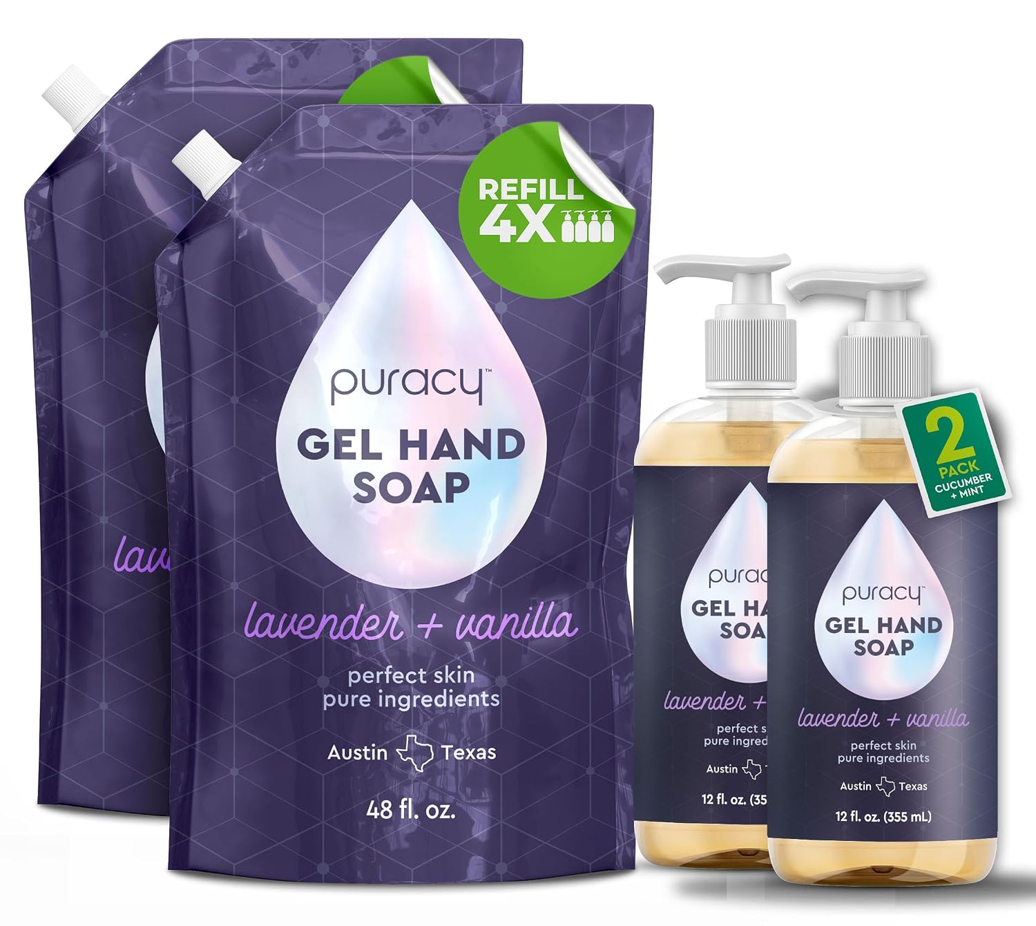 Puracy Organic Hand Soap, For the Professional Hand Washers We've All Become, Moisturizing Natural Gel Hand Wash Soap, Liquid Hand Soap Refills (48 oz, 2-pk, and 12 oz, 2-pk Lavender & Vanilla)