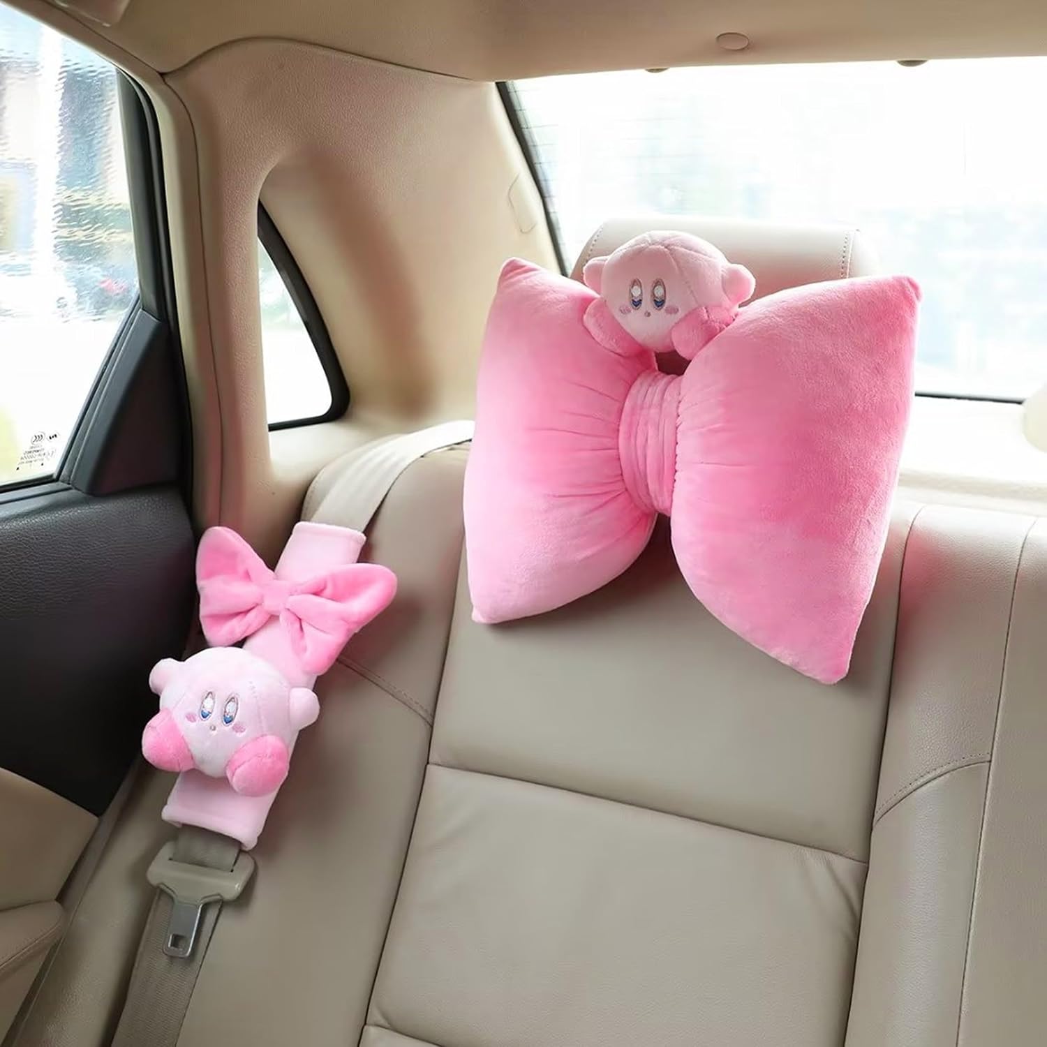 Roffatide Anime Kirby Car Seatbelt 2 PCS Shoulder Pad Seat Belt Cover Protector Kirby Plush Compatible with All Cars