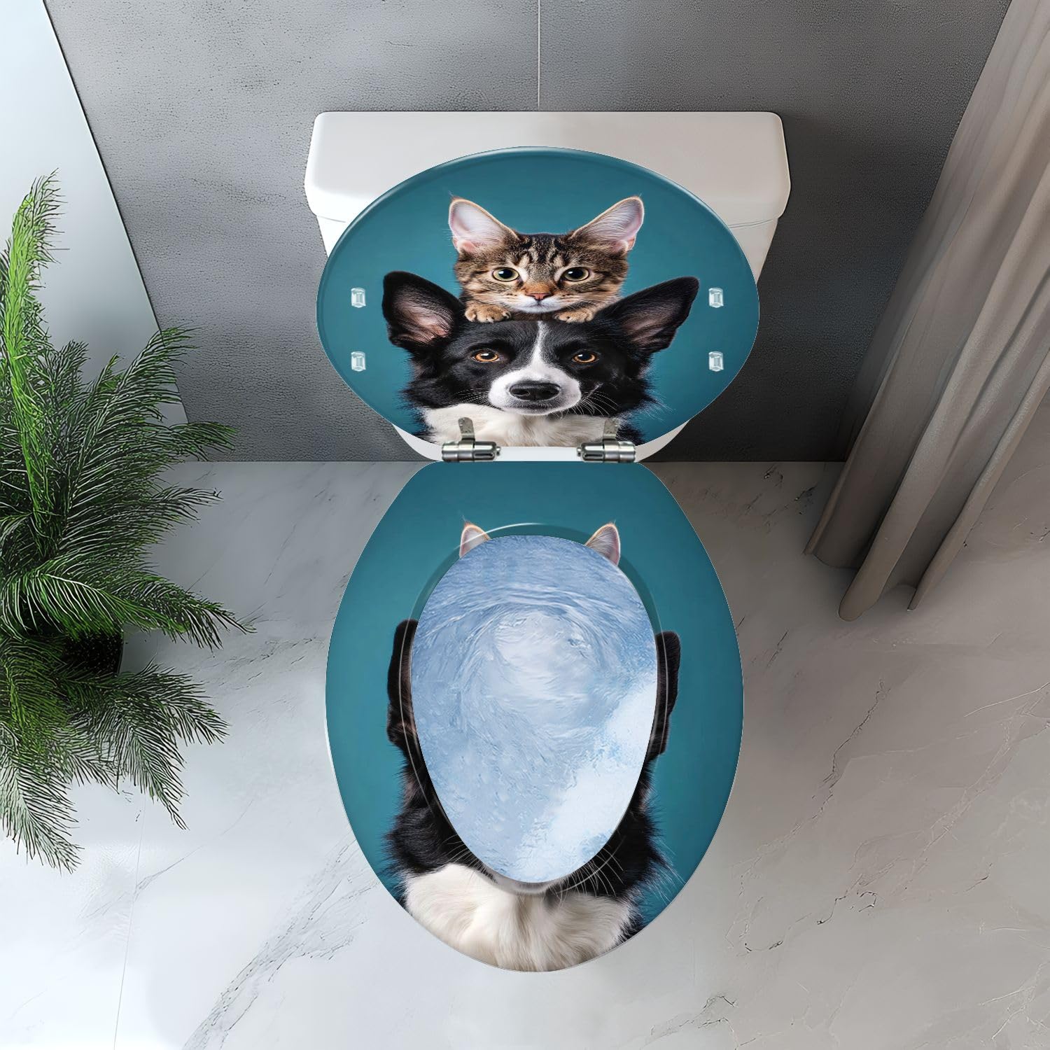 Elongated Resin Toilet Seat with Cover, Border Collie & Hiding Cat Art