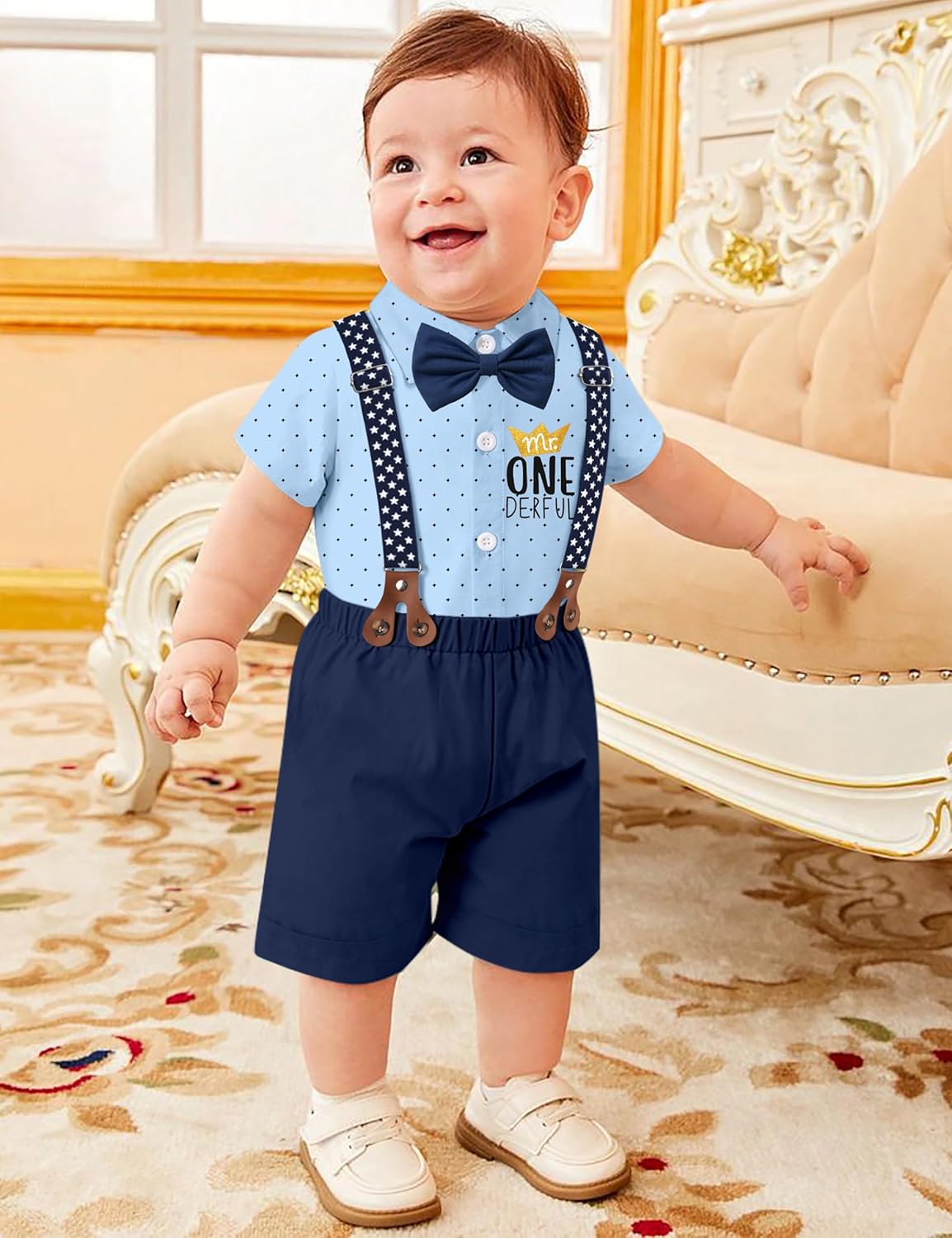 DONWEN Baby Boy First Birthday Outfit Mr Onederful Bowtie Romper + Suspender Shorts+ Party Hat Cake Smash Outfits - Image 2