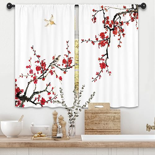 Cortinas de cocina con flores de cerezo rojo, 27.5 pulgadas de ancho x 39 pulgadas de largo, diseño floral, modernas, asiáticas, japonesas, con