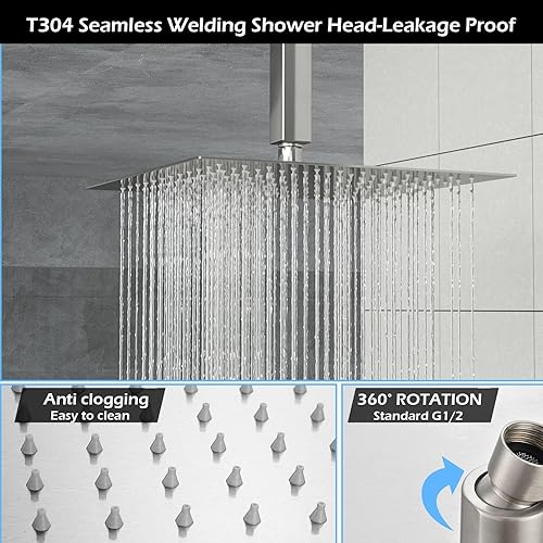 Miniatura 10 de Lordear Sistema de ducha de lluvia de 10 pulgadas, juego de grifo de ducha montado en la pared, altura ajustable, cabezal de ducha de acero