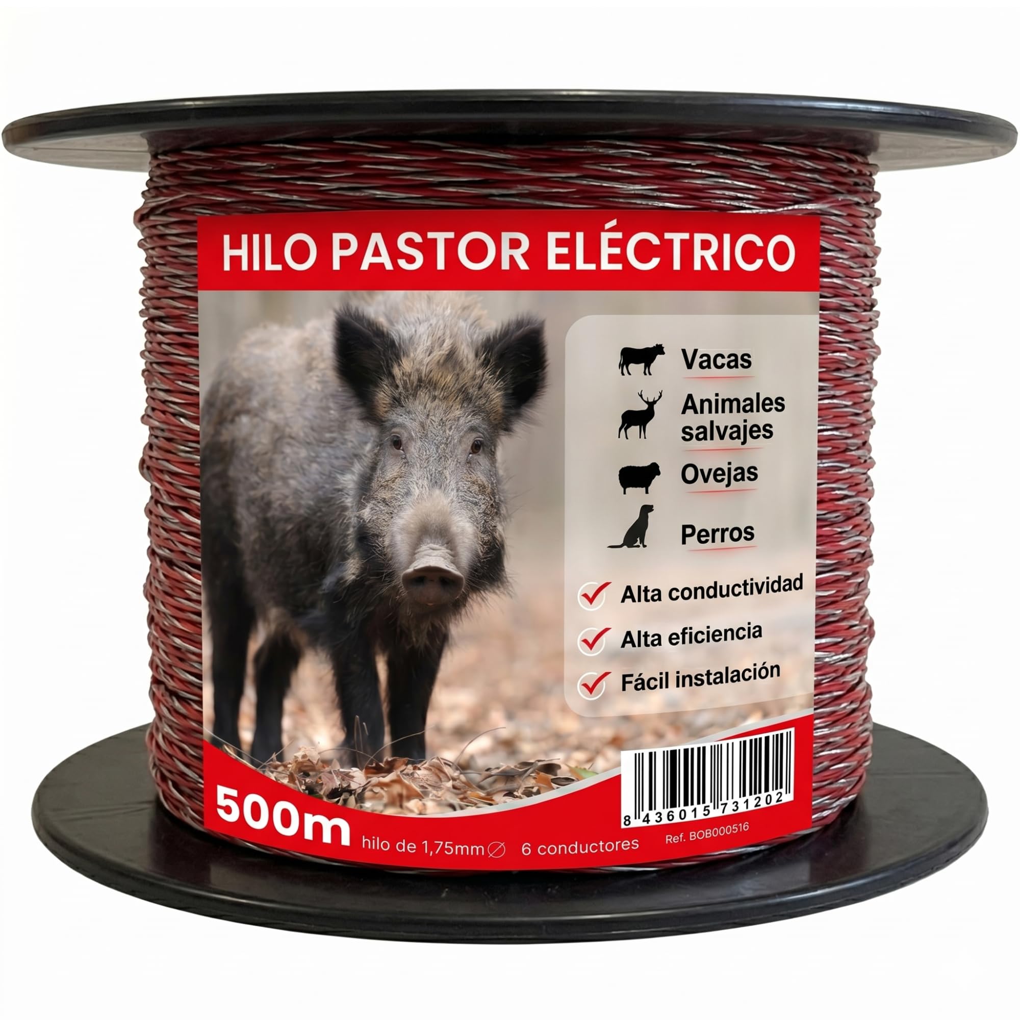 Llampec Hilo Pastor Eléctrico 500 m x 1,75 mm – 6 Conductores Acero Inoxidable – Alta Conductividad y Trenzado Exterior Eficaz – Cable Valla Eléctrica para Caballos, Vacas y Perros – Bobina Pastor