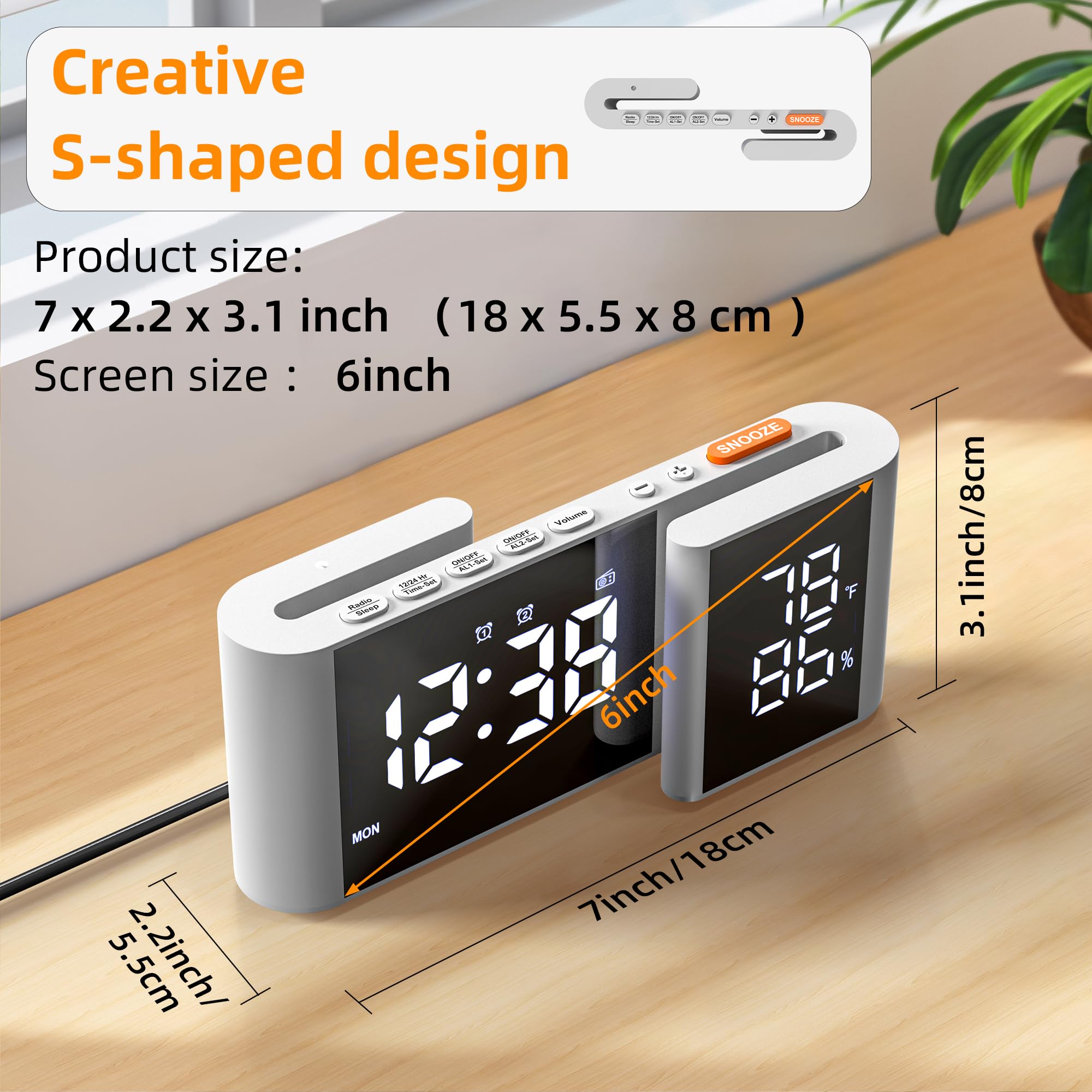 Radio Despertador para Dormitorio FM Radio LED Espejo Reloj Snooze Puerto USB Cargador Volumen Brillo Ajustable Blanco