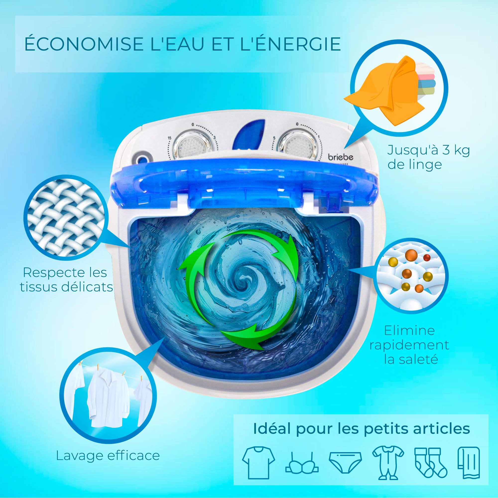briebe Camp Mini Machine à Laver Portable 3kg Essorage Camping Caravanes WM1111 Blanc