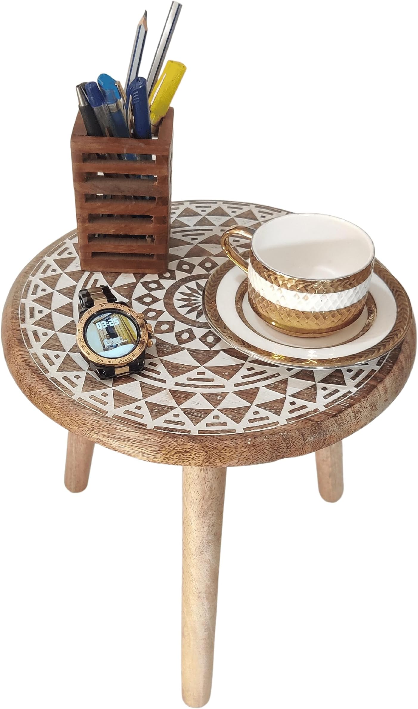 VANIYA CRAFTSWooden Engraved Fold-able Round End Table/Side Table/Plant Stand/Stool for Living Room Bedroom Restaurant Kids Play Furniture Table Round Shape (Natural White 5)