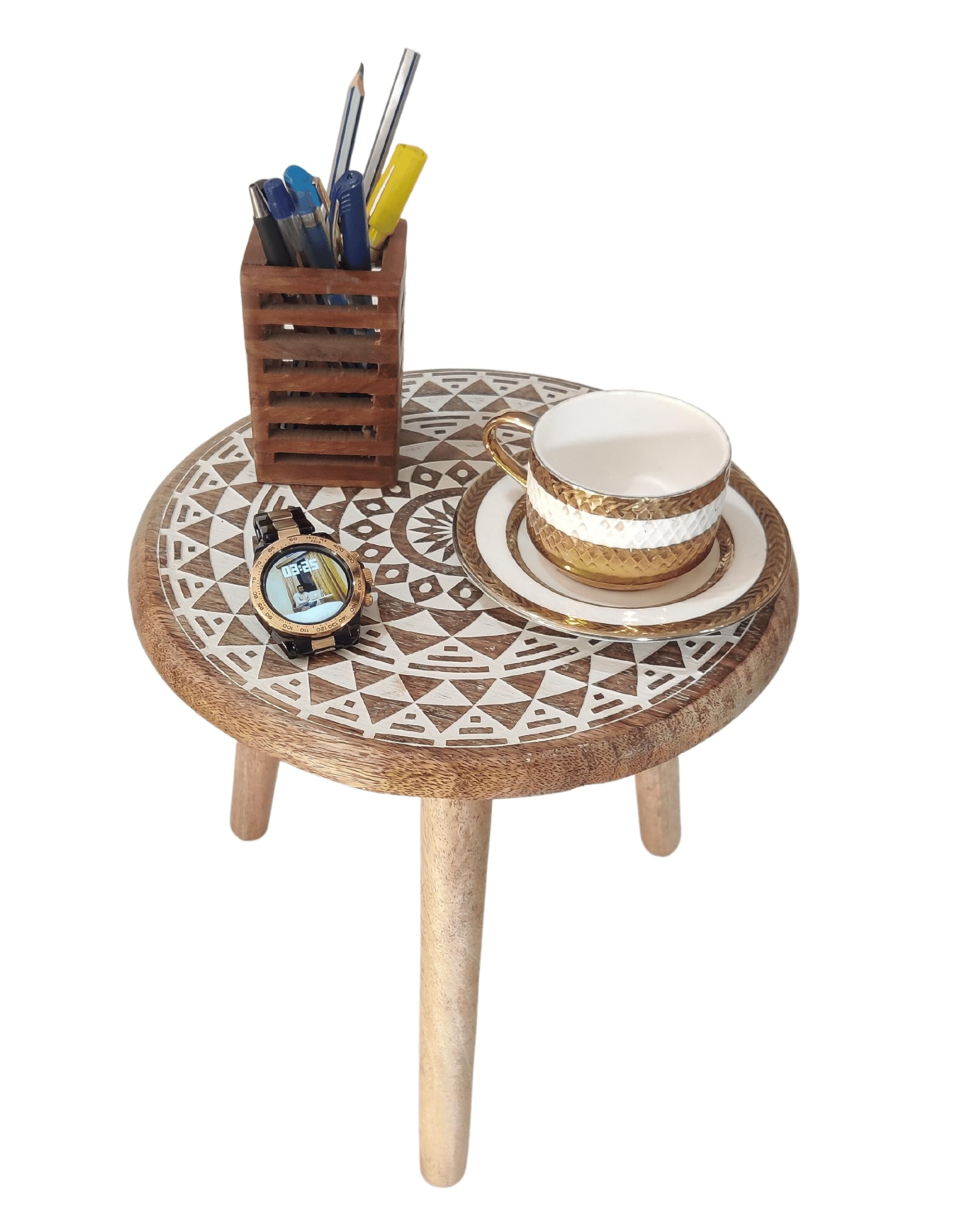 VANIYA CRAFTSWooden Engraved Fold-able Round End Table/Side Table/Plant Stand/Stool for Living Room Bedroom Restaurant Kids Play Furniture Table Round Shape (Natural White 5)