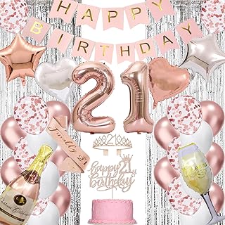 21st Birthday Decorations for Her - Rose Gold 21 Birthday Party Decoration for Women, 21st Happy Birthday Banner Sash Kits Balloons Decoration for Girls Women 21st Birthday Party Supplies