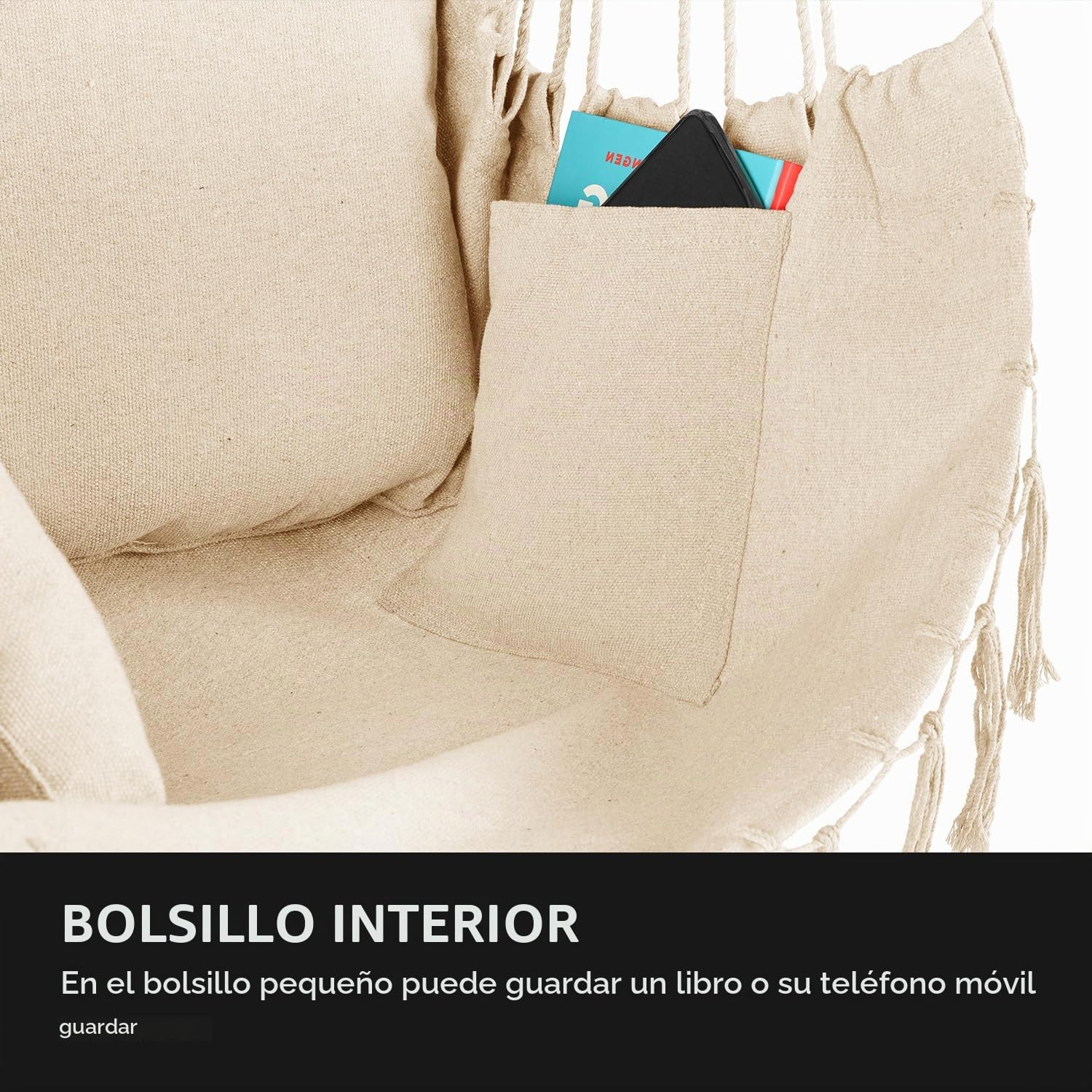 Silla Colgante 100x130x75cm - hasta 150 kg - Sillón Exterior con Cojín - puf para Columpio Colgante para Jardín y Habitación - Boho - Silla Brasileña con Flecos (Beige)