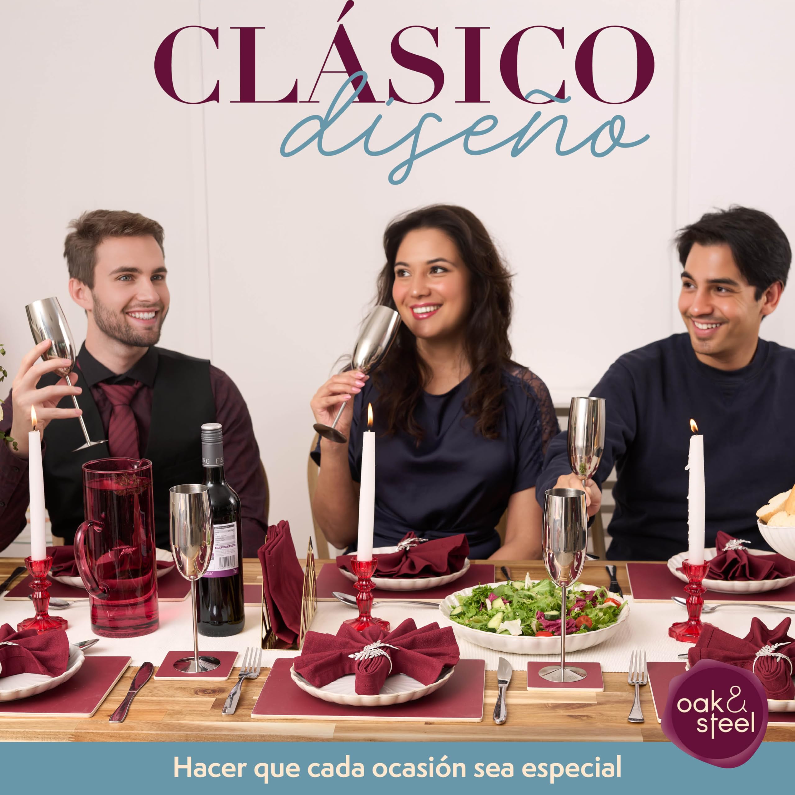 Oak & Steel - 4 Elegantes Copas de Champán de Acero Inoxidable, 285ml - Copas Cava de Acero Inoxidable Plateado - Set Original para Brindis, Bodas, Fiestas y Celebraciones