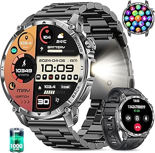Relógio Inteligente Homem 1,7'' Ecrã Táctil Smartwatch Homem Lanterna 100 Dias de Bateria Chamadas Bluetooth 120+ Modos Desportivos Pulsómetro Monitor de Sono IP68 iOS Android (Aço Preto)