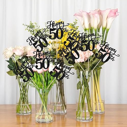 Vista 5 de Rsstarxi Paquete de 12 palitos de centro de mesa de cumpleaños número 50 para decoración de mesa de cumpleaños 50 para hombre, decoración de mesa