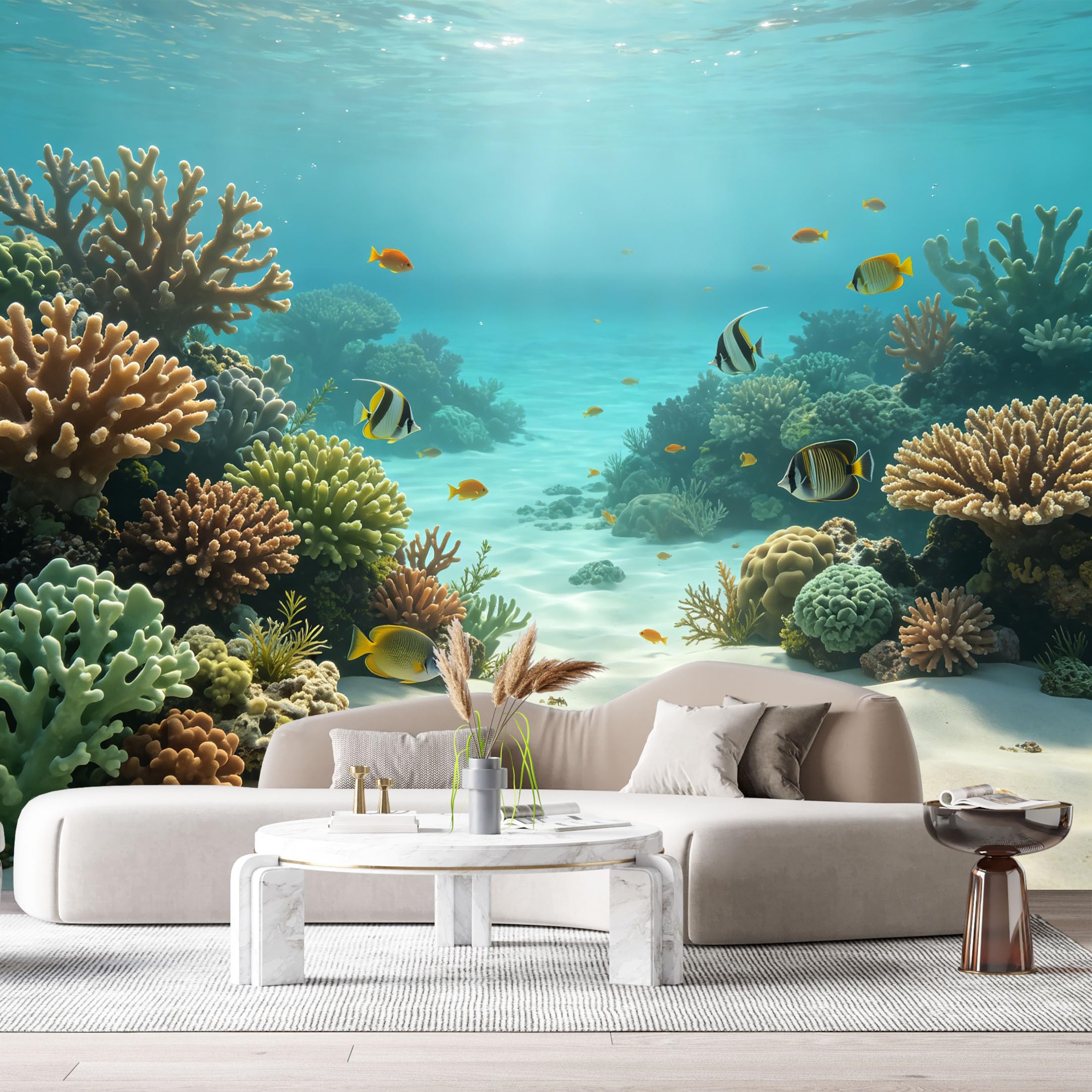 Custom Size Wall Murals Ocean Marine Tropical Coral Reef Colorful Exotic Fish Underwater Scenery SelfAdhesiveWall Fabric Removable Wallpaper Wall Decor for Living Room Bedroom Bathroom