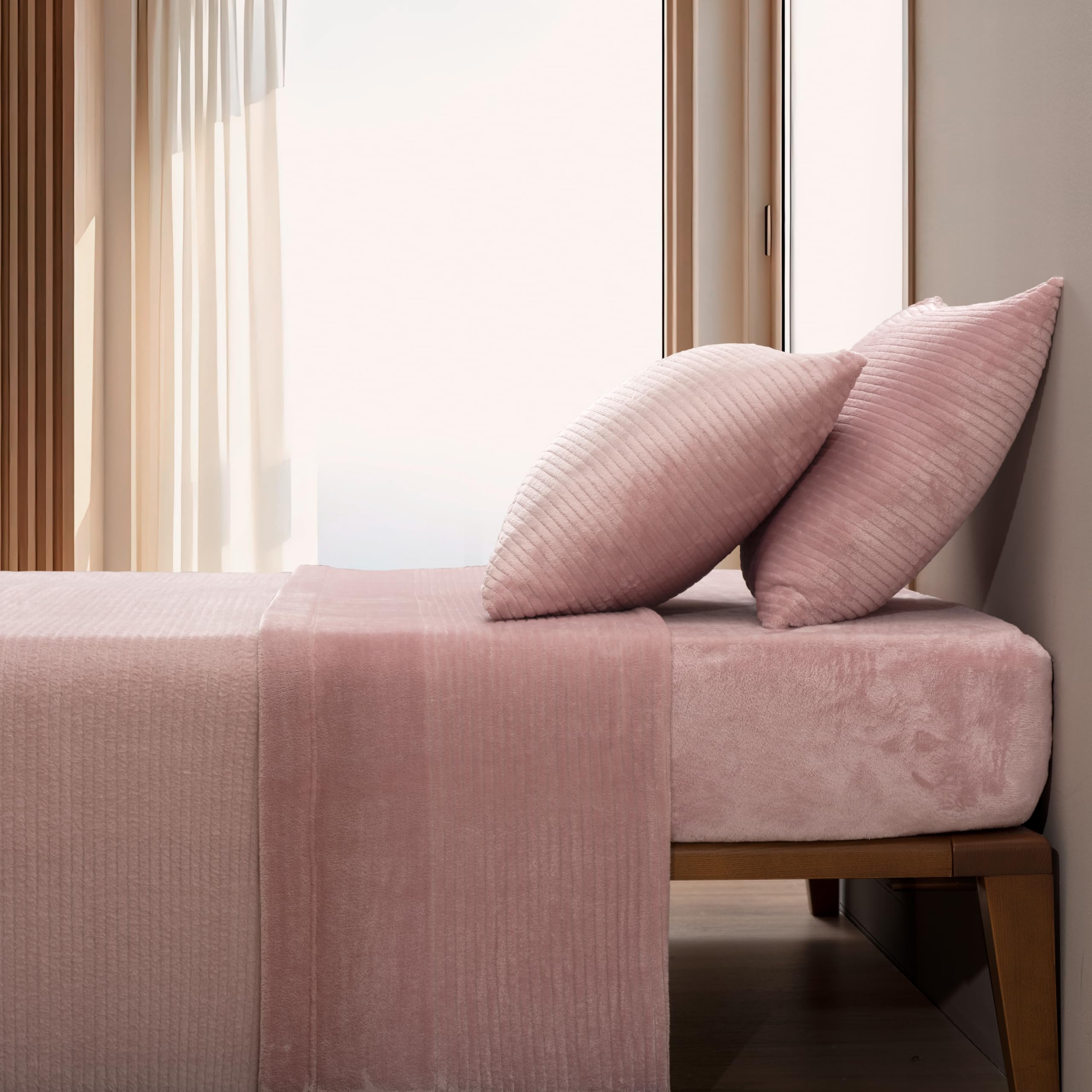 Casa da Laura - Sábanas de Coralina Rosa Acaneladas - Cama de 180 x 200 cm - Sábana Encimera, Bajera y 2 Fundas de Almohada - 100% Poliéster Micro Coralina