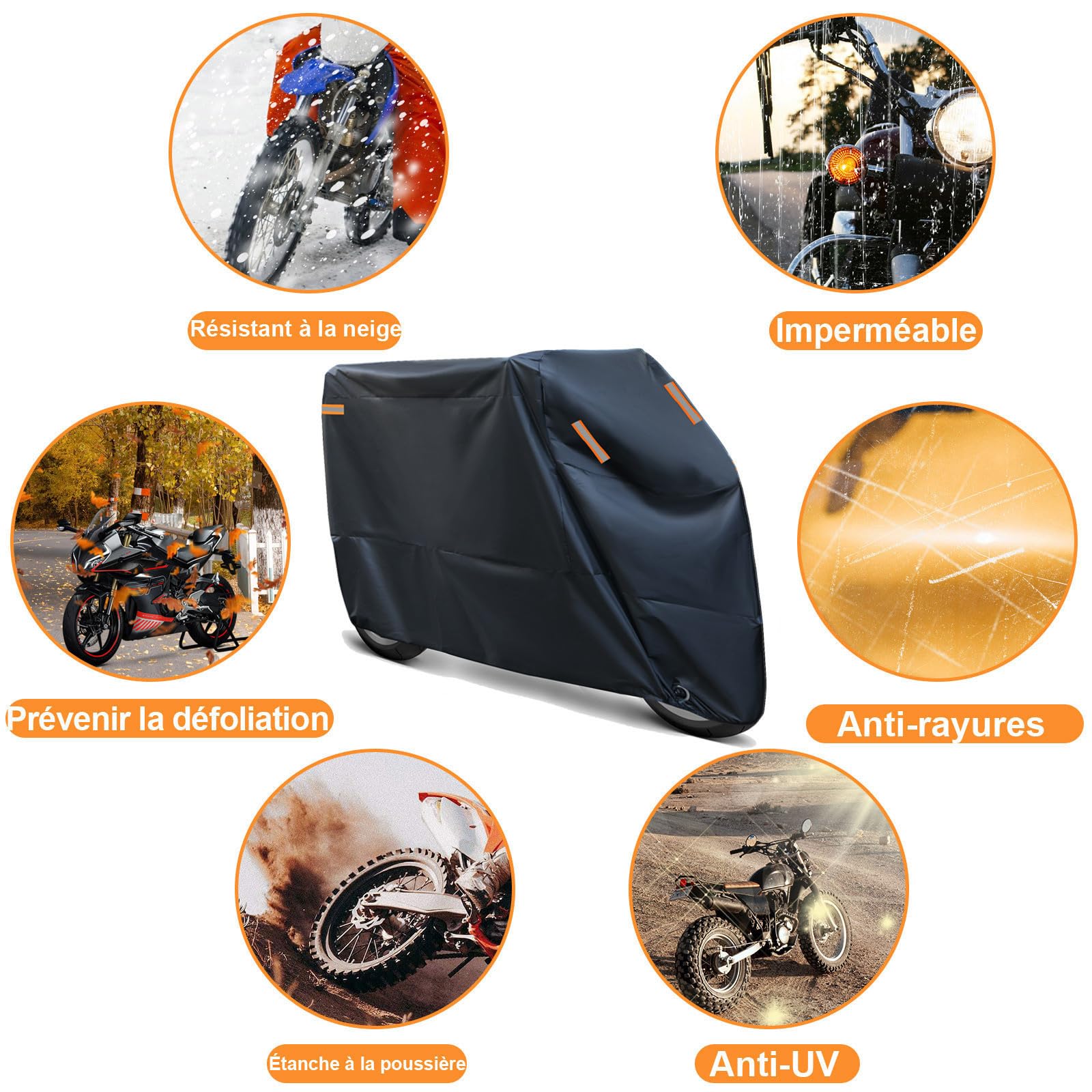 Housse de Moto Exterieur Impermeable, Bâche Protection Moto Interieur Étanche,210D à la Poussière/Neige/Pluie, au Vent, Soleil pour Couverture Moto Scooter XXL