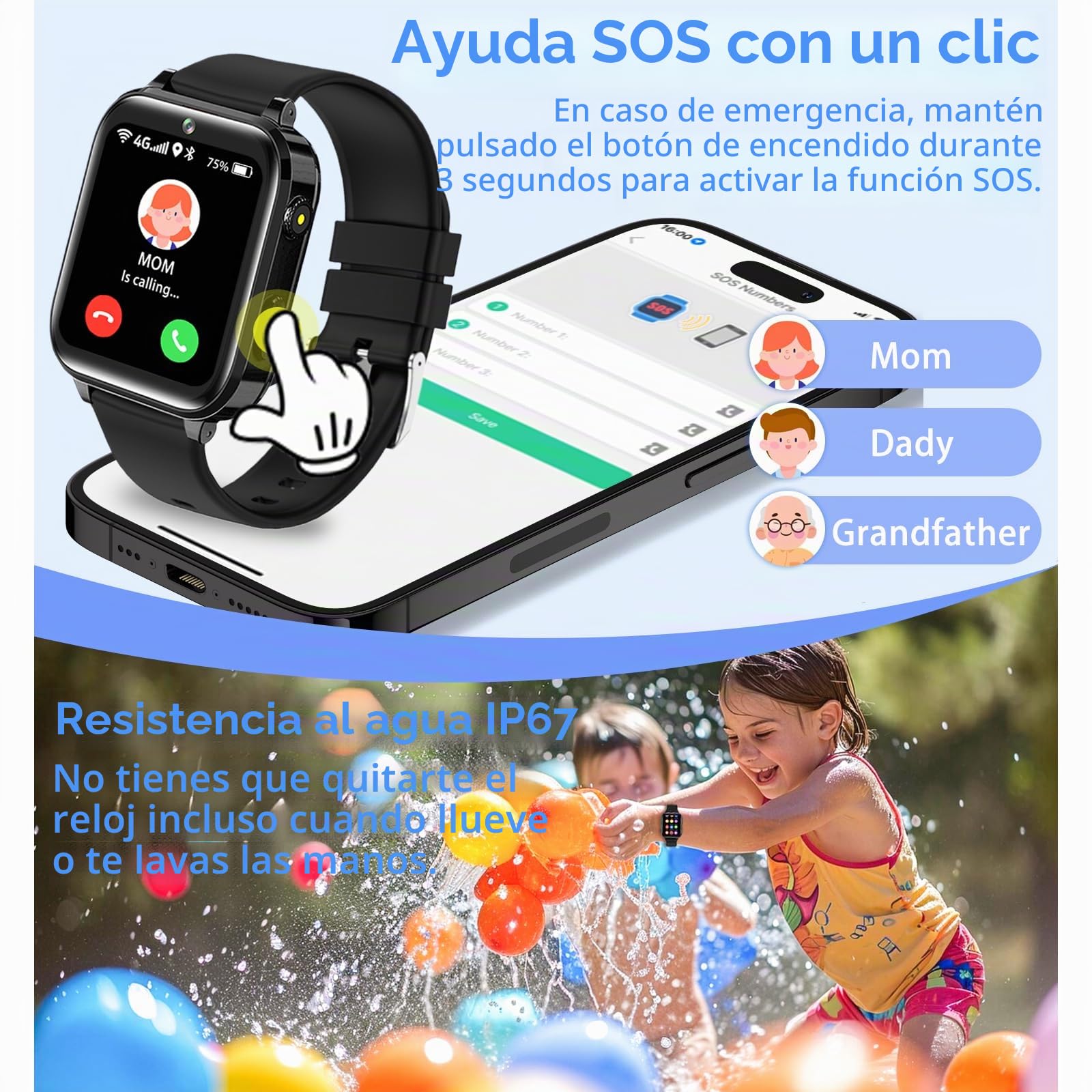 Reloj Inteligente Niños con GPS, Reloj Inteligente 4G con Chat Familiar, SOS, Modo Clase, Videollamadas, Chat de Voz, Teléfono, Podómetro, Smartwatch Regalos para Niños Niñas | Chat Familia,SOS,Modo Clase,Videollamadas,Chat de Voz,Teléfono,Podómetro, IP68