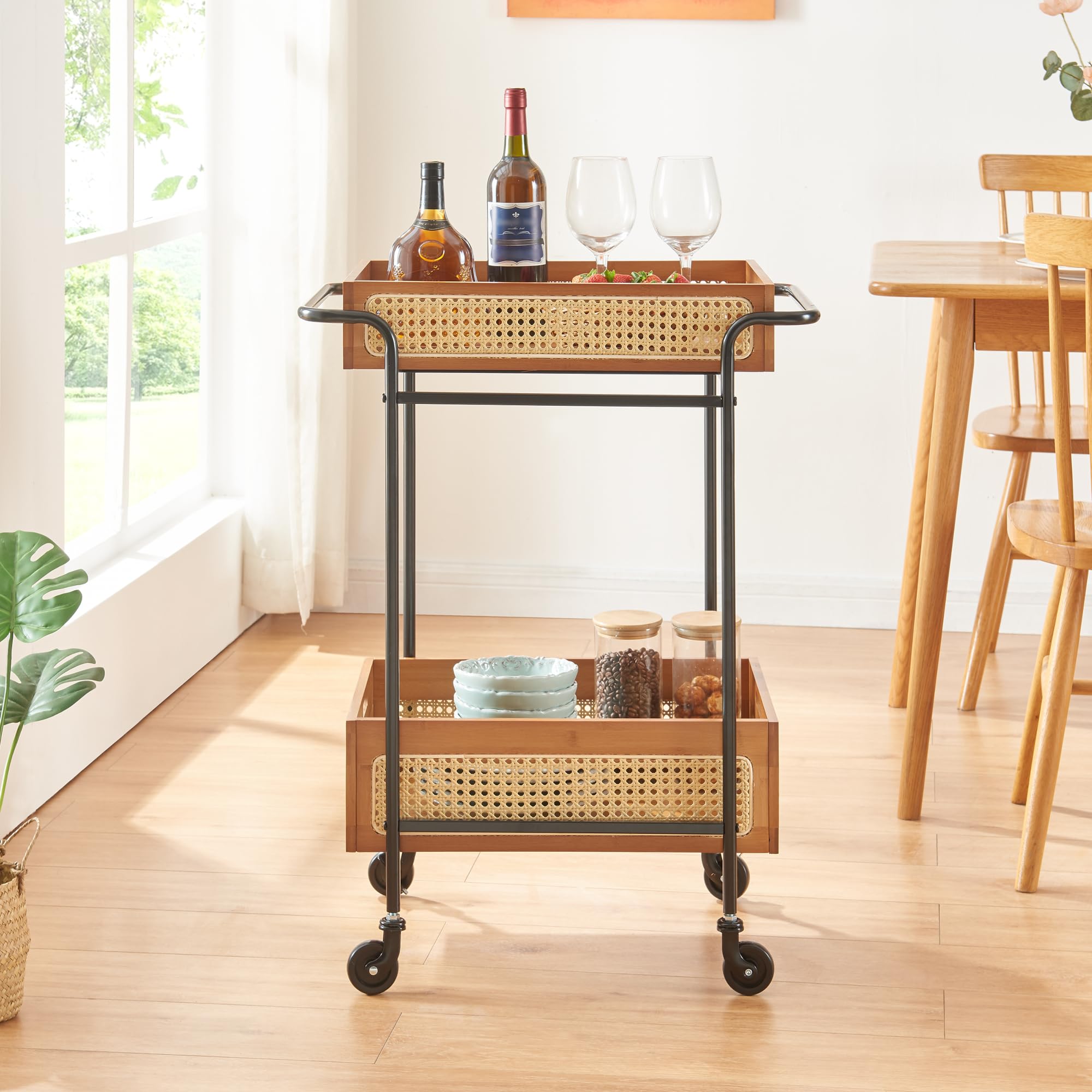 [en.casa] Carro de Servicio Tervola con 2 Cestas Carrito de Cocina Estantería de Baño con 4 Ruedas Multiusos Versátil Resistente Metal/Bambú 81x61x39cm - Negro/Efecto Ratán