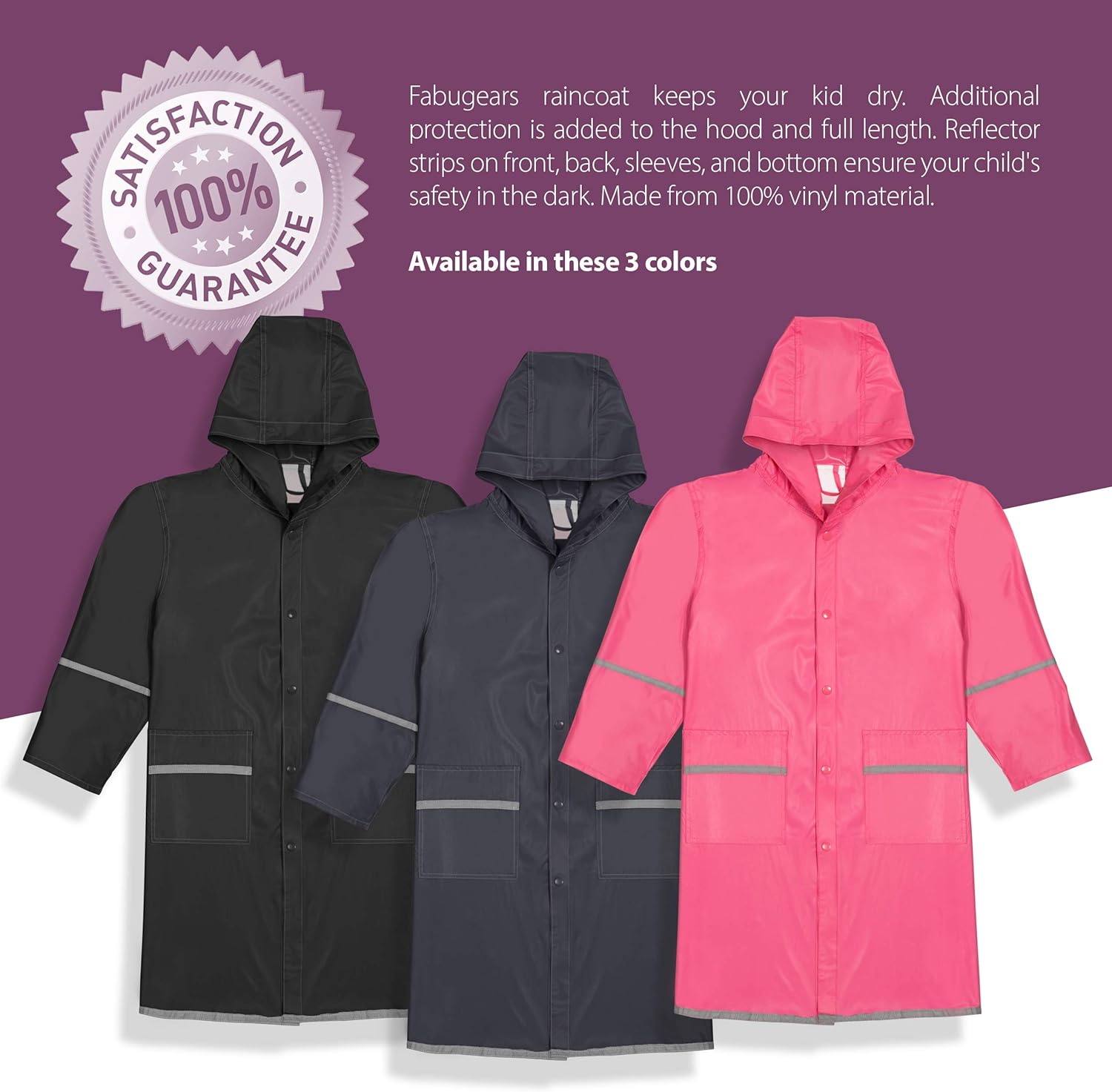Kids Raincoat for Girls Full Length Waterproof Jacket with Reflectors