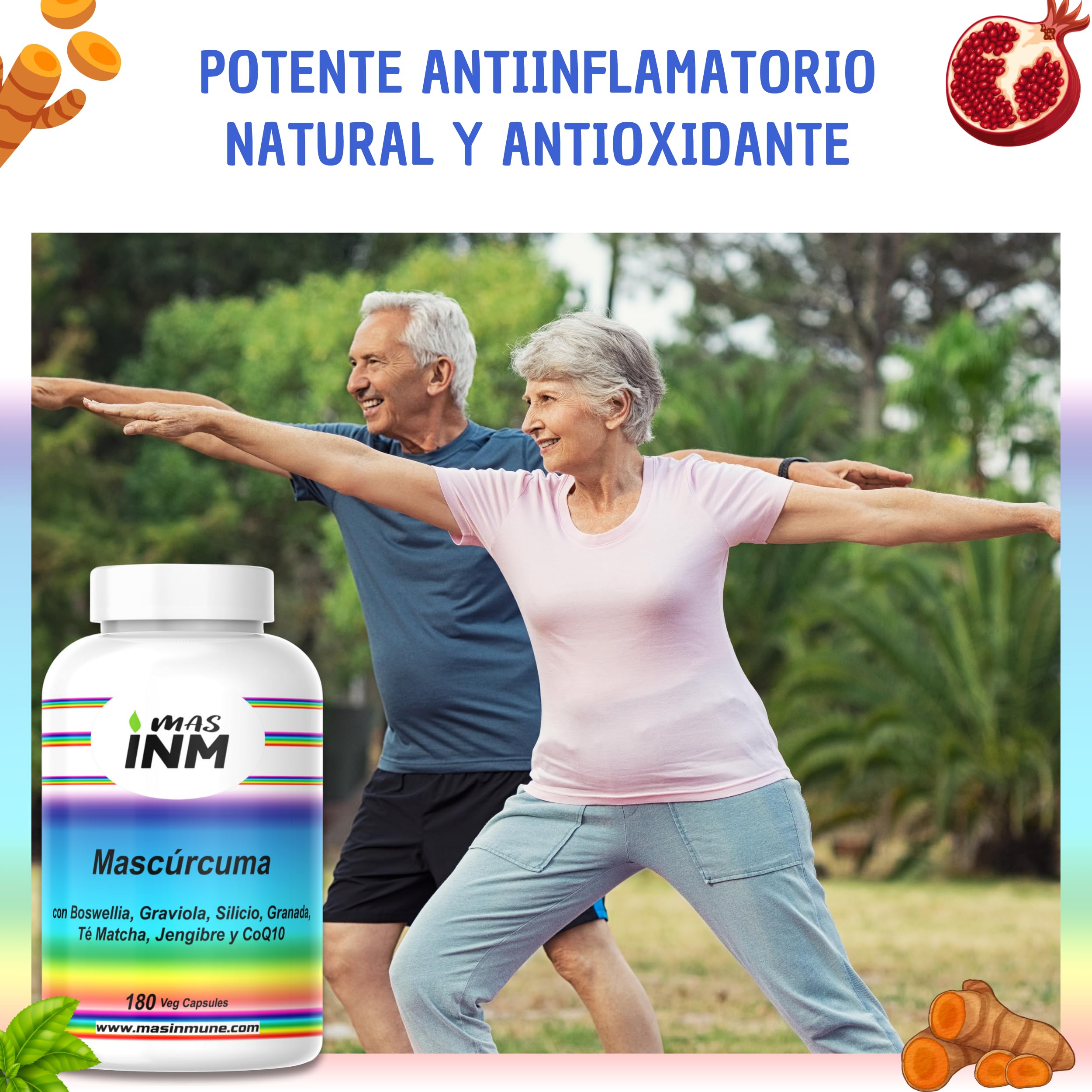 Mascúrcuma – suplemento antiinflamatorio natural con curcumina 95 % – boswellia serrata – jengibre – graviola – granada – té matcha – coenzima Q10 – silicio orgánico – 180 cápsulas vegano – Masinmune