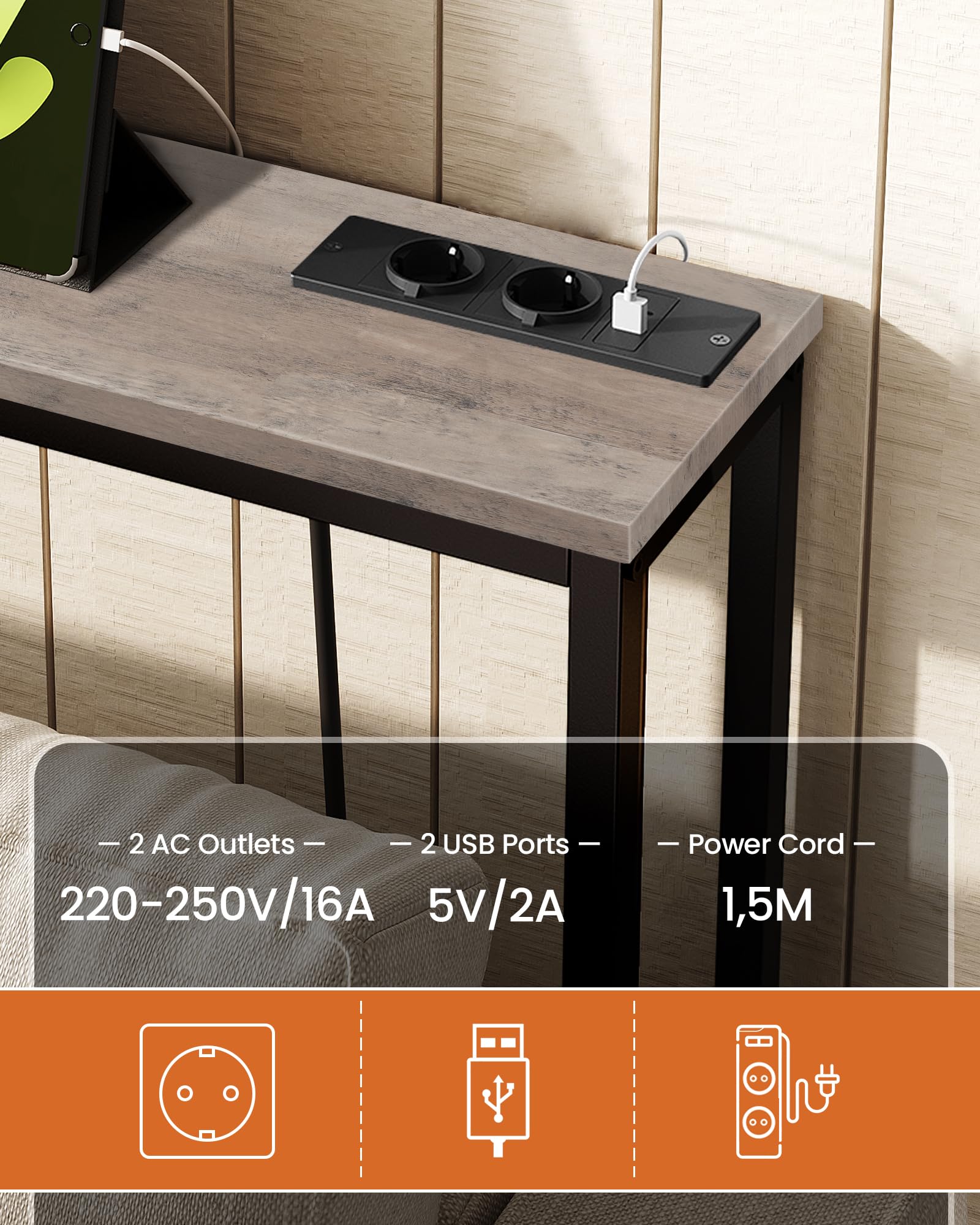 CHOEZON Tavolo Consolle, Consolle Ingresso da 200 cm con 2 Prese e 2 Porte USB, Tavolo da Divano Stretto, Stile Industriale, per Ingresso, Soggiorno, in Grigio e Nero DTXG20CBG