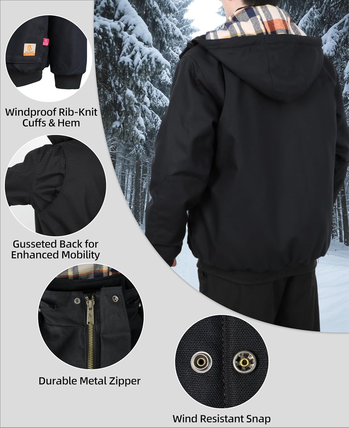 BOCOMAL FR Jacket Insulated Heavyweight Canvas Flannel Lined,Detachable Hood,Cargo Pockets,NFPA2112 CAT4,Flame Resistant Coat - Image 4