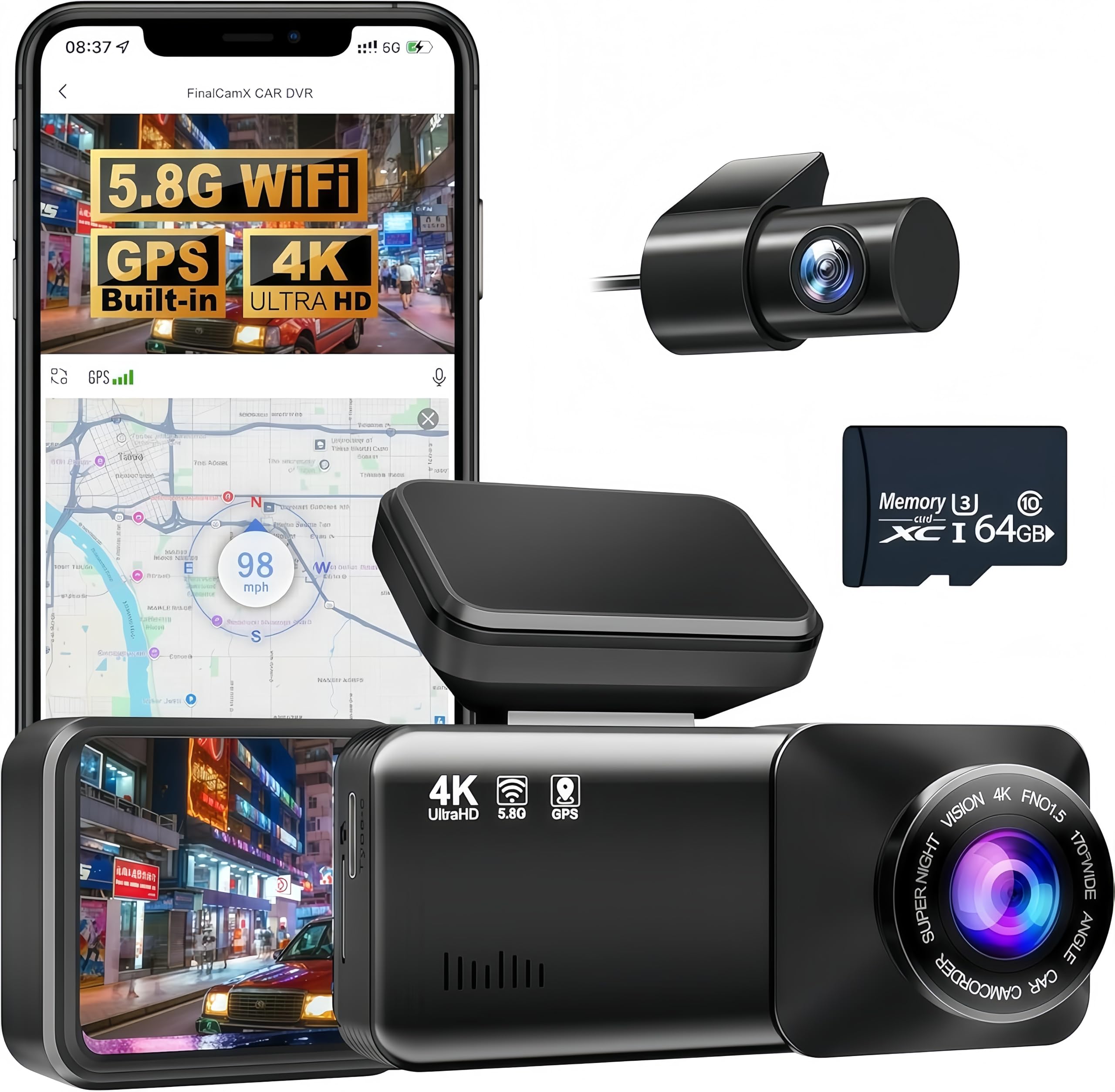 Osmo Dashcam Pro 2.0 4K ist eine Dual-Dashcam 4K Vorne 1080P Hinten Mit WLAN App Steuerung 170 Grad Weitwinkel Loop Aufnahme Inklusive 64GB Karte Für Sicheres Fahren Im Alltag