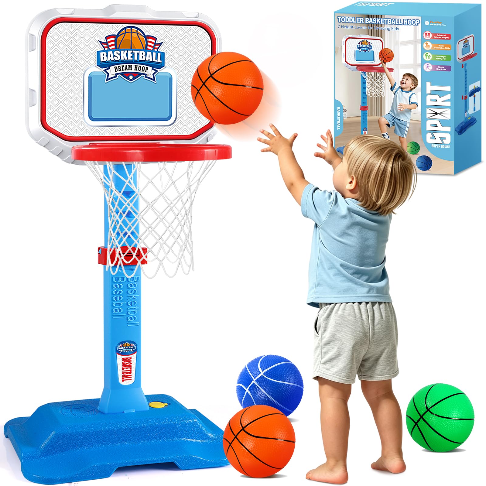 Toddler Basketball Hoop Indoor Outdoor for Kids, Adjustable 7 Height Kids Basketball Hoop Set with 4 Colorful Balls Portable Mini Basketball Goal for Baby Boys Girls 3 4, First Birthday Toy