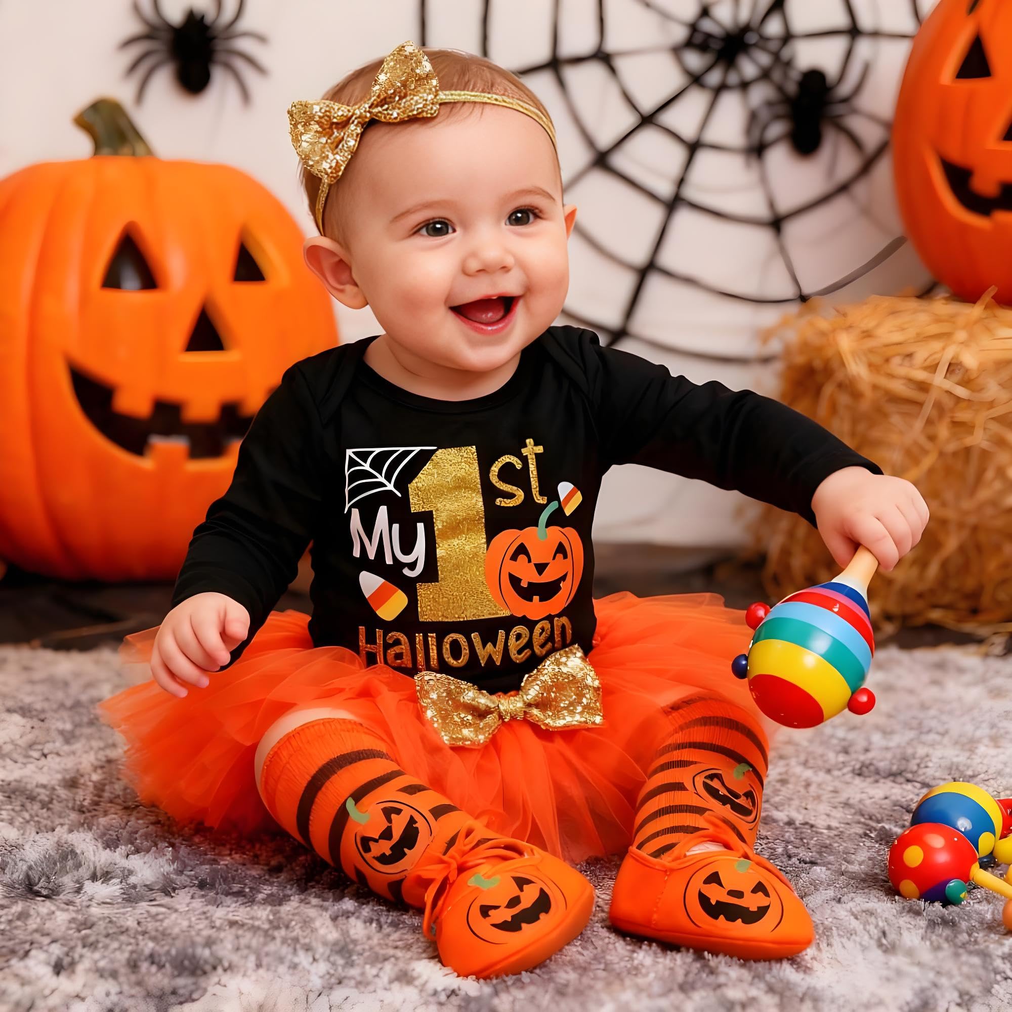 FUTERLY Vestito Halloween Neonato, Il Mio Primo Costume Halloween Neonato, Vestiti Halloween Neonata, Tutina Halloween Neonata +Gonna Tutu+Calze Lunghe+Fascia, Vestito Zucca Neonata