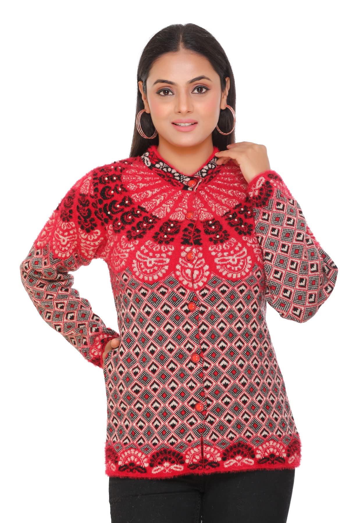 pipasa Women Woollen Buttoned Collar Neck Printed Stylish Party Winter Wear Coat Cardigan-picture-44