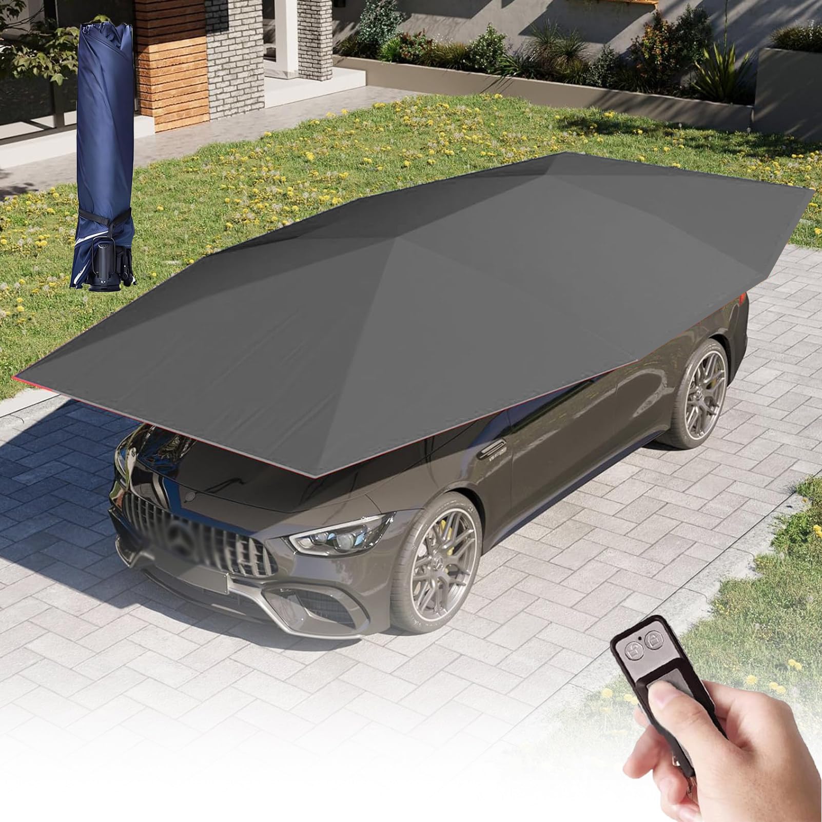 Nzeupno Black Multifunctional Car Sunshade Umbrella, Automatic Car Tent Cover, Mobile Folding Carport With Remote Control, Car Roof Canopy Awning For Most Vehicles -5.2M