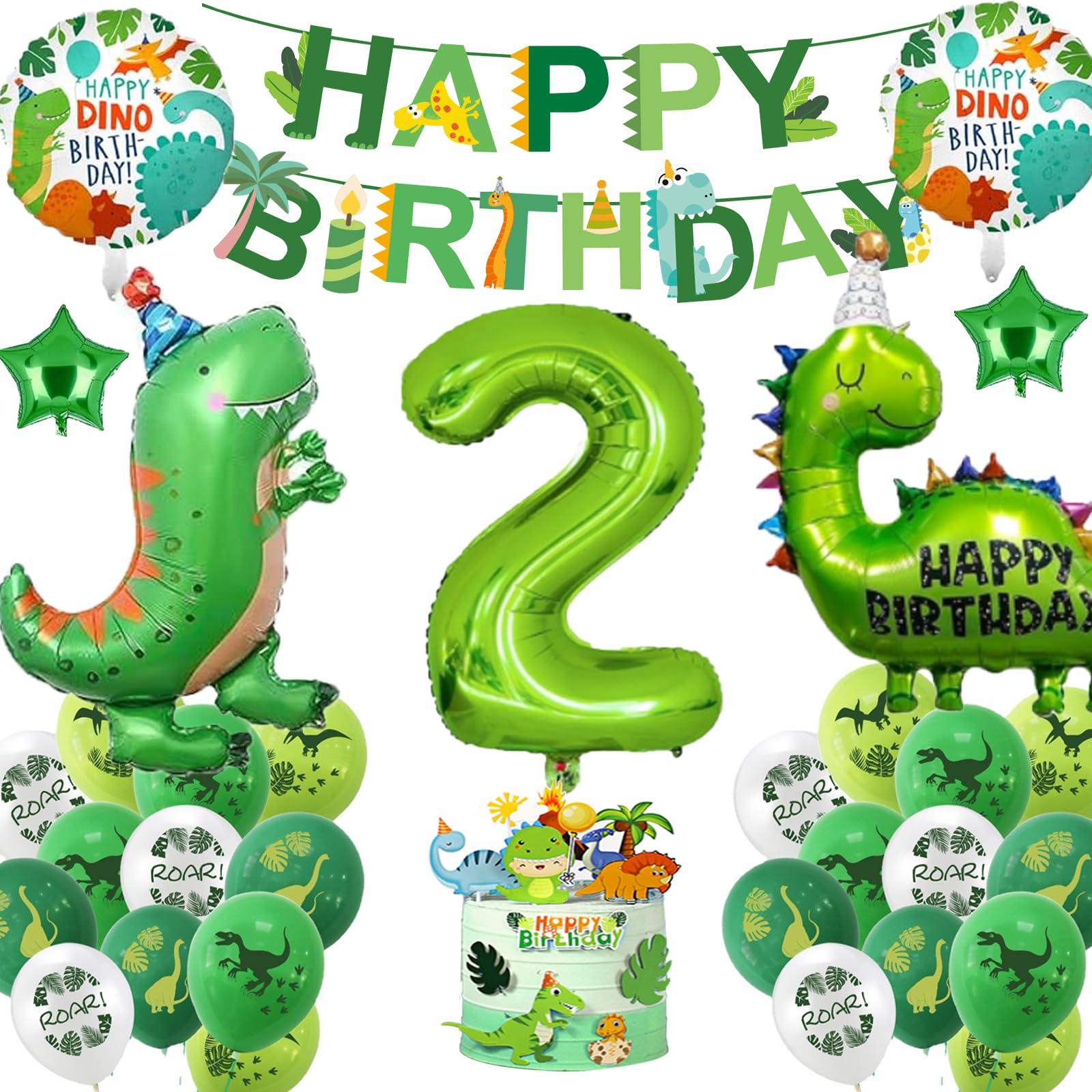 Dinosaur 2nd Birthday Decorations Boys,Number 2 Foil Balloons with Happy Birthday Banner and Dinosaur Foil Balloons for 2 Years Old Party Decorations