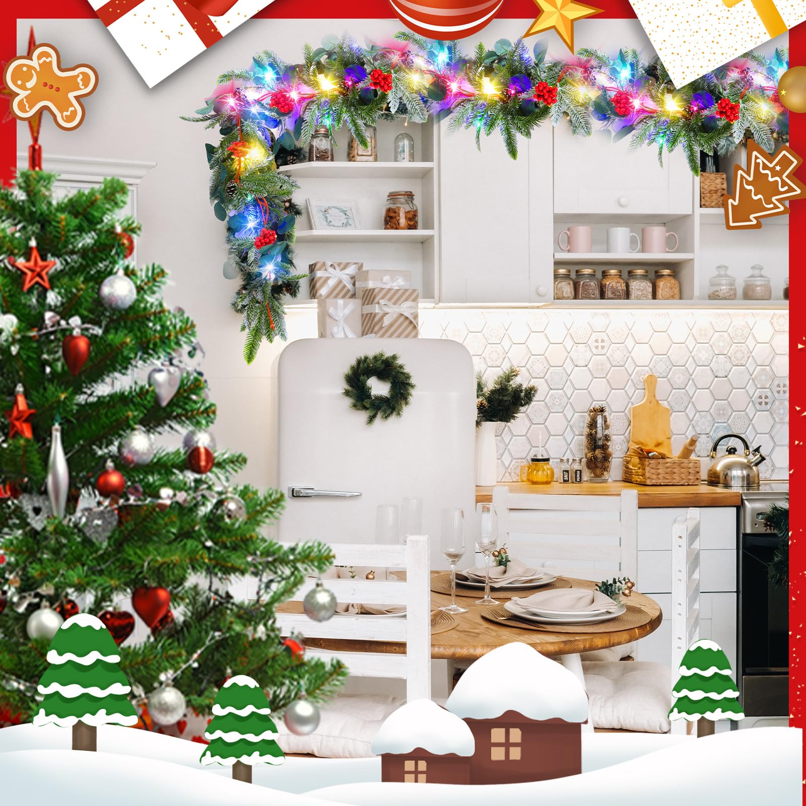 Hotop 6.3 ft Christmas Garland with 50 Color LED Lights, Artificial Snowy Pine Garland with Pine Cones Berries for Christmas Battery Operated Lights Xmas Garlands Decoration Indoor Outdoor(Red)