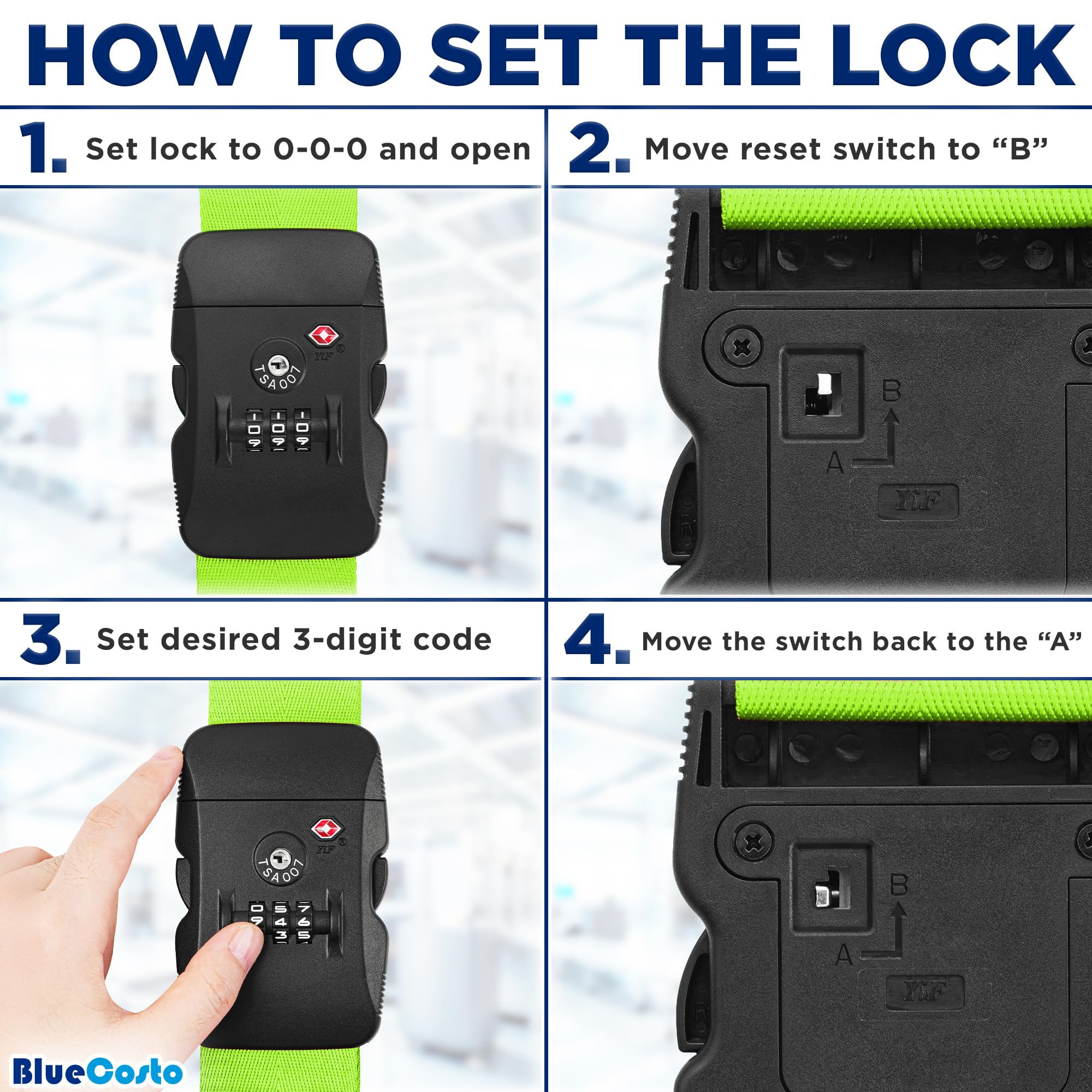 BlueCosto - Luggage Strap with TSA Lock - 2.2 to 4m Adjustable, Neon Green - TSA Approved Suitcase Security Belt with 3 Digit Combination Locking