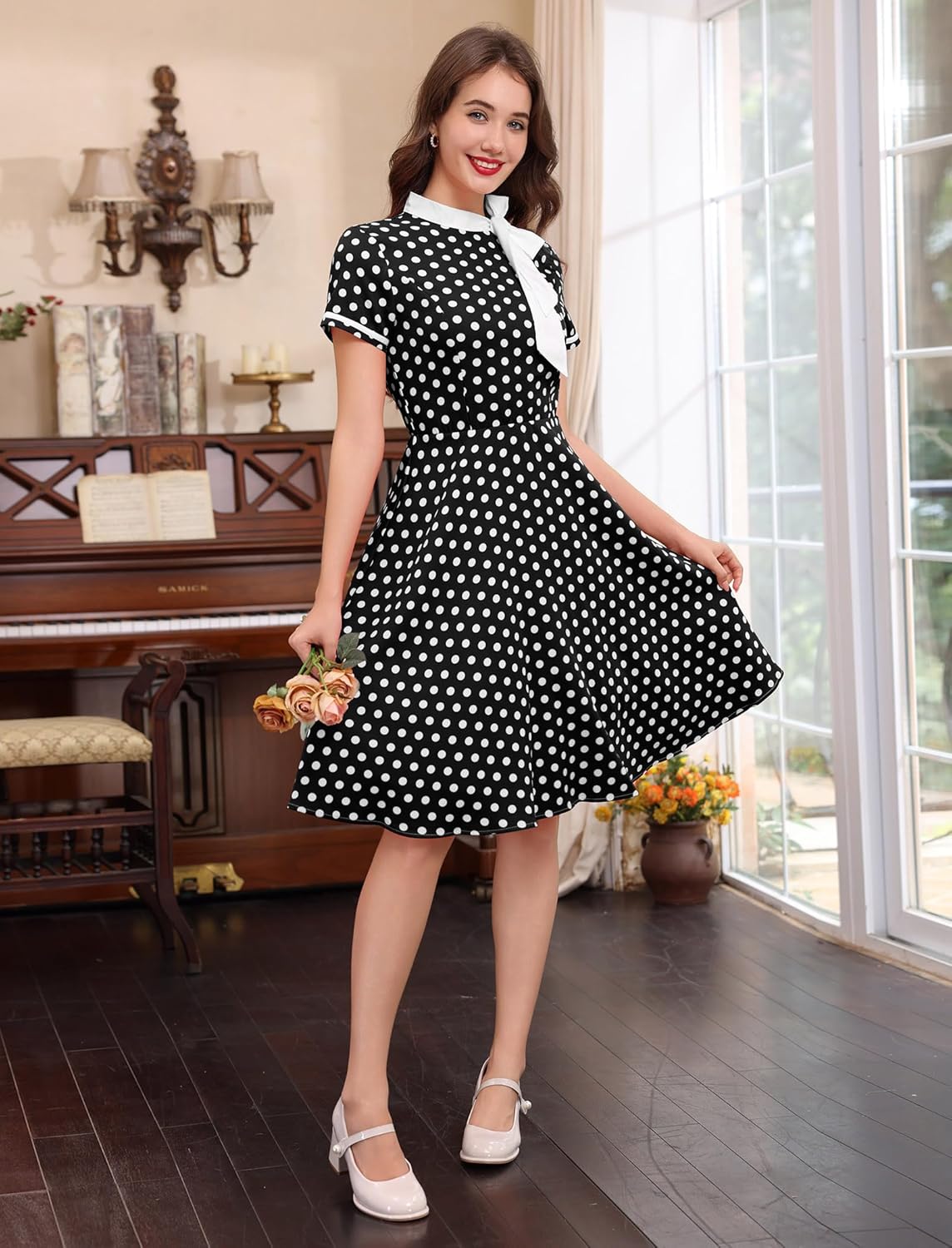 50's Style Dresses for Women Vintage Polka Dot 1950s Dress Bow Tie Neck Work Audrey Hepburn Rockabilly Cocktail Party Dress - Image 3