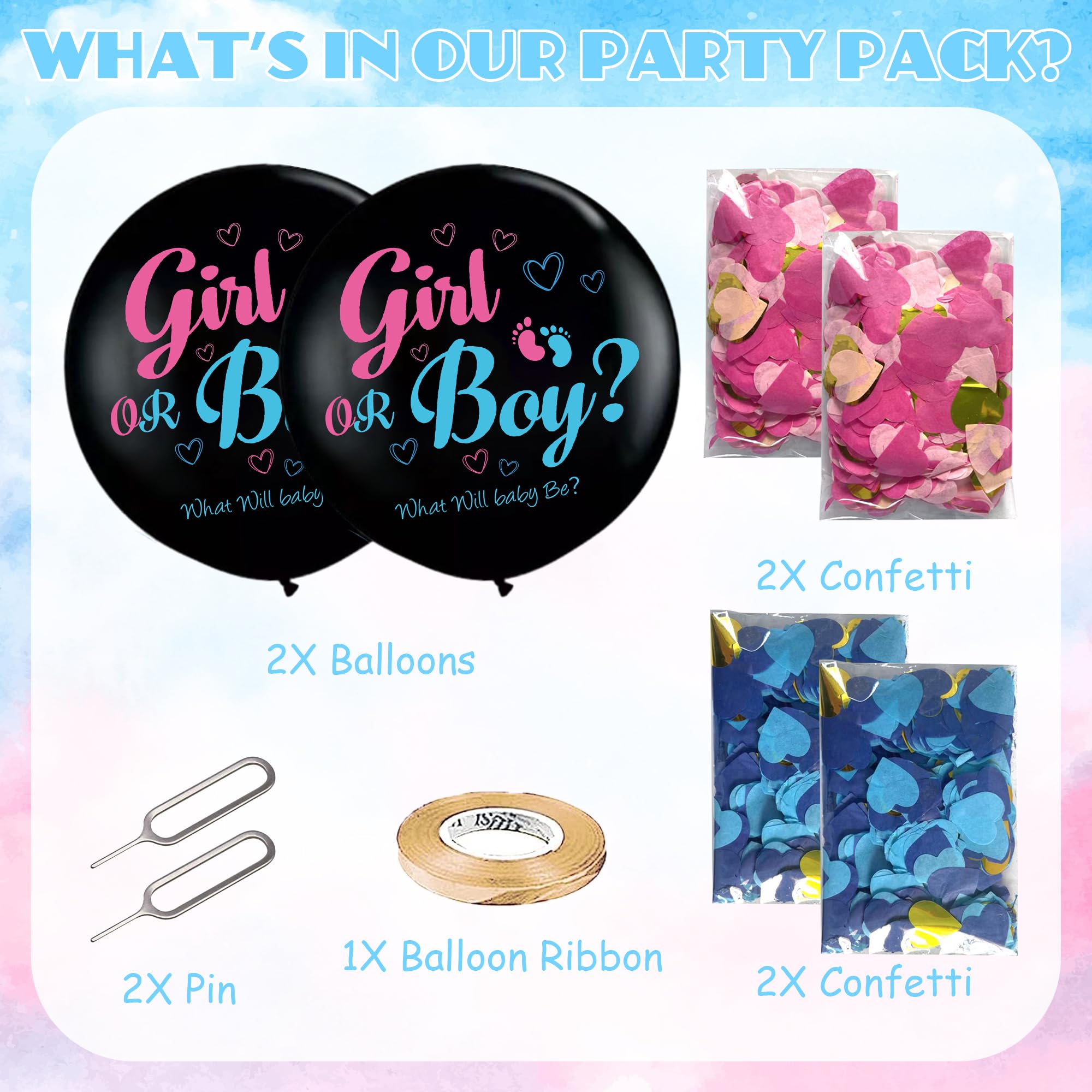 Soireeparty Gender Reveal Confetti Balloon, 2 Pieces 36 Inch Black Latex Balloon with Pink Blue Confetti - Image 2