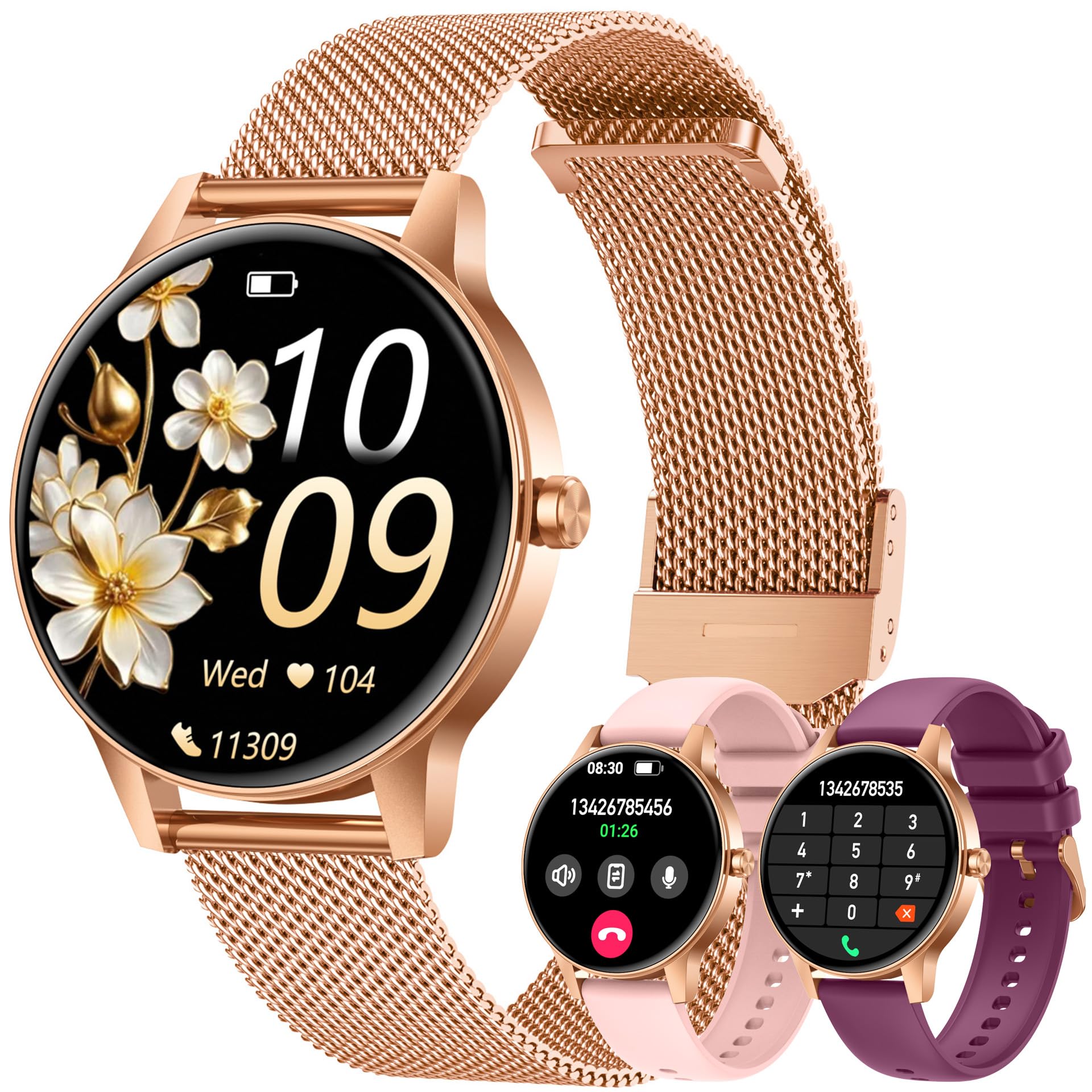 Smartwatch Donna Orologio Chiamate Bluetooth: 1,27" Tondo Touch Orologi Smart Watch da Impermeabile Sport Fitness Contapassi Cardiofrequenzimetro Pressione Caloriec Oro Polso per Android iOS Telefono