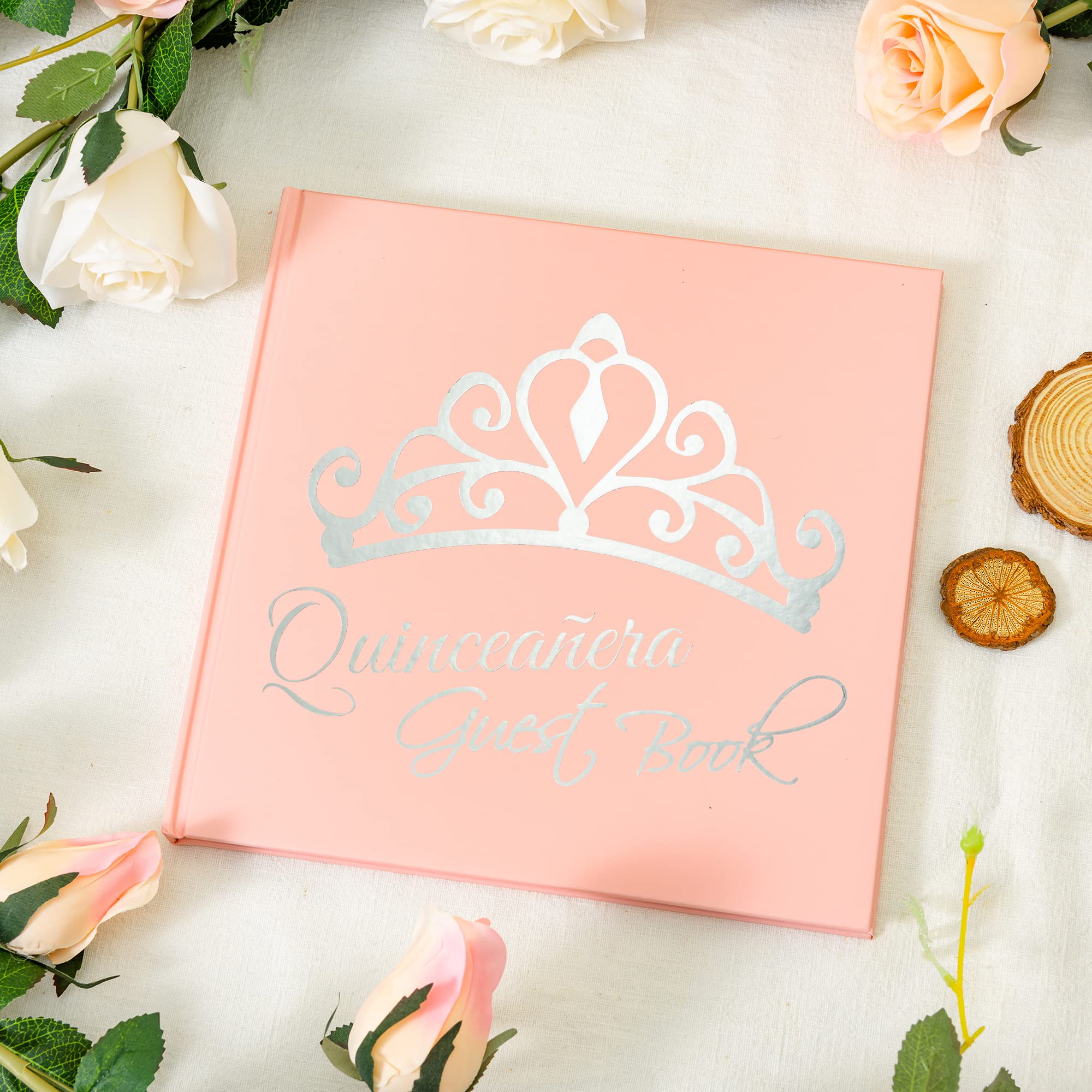 Calculs Libro De Firmas para Quinceañera Guest Book 15th Quinceanera Party Favors Polaroid Picture Book Decorations 8.5” Square Pink Cover Silver Gilding