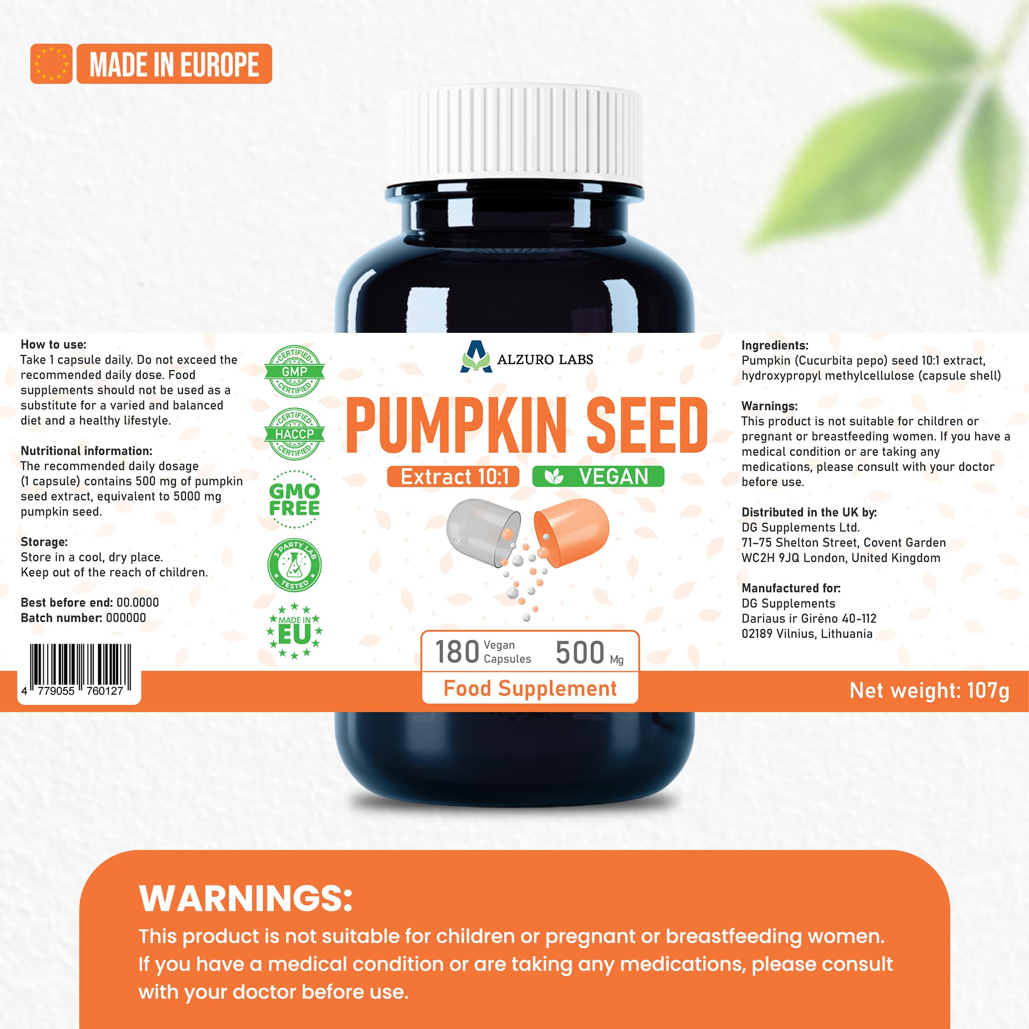 Noyau de citrouille équivalent | 5 000 mg | Haute dose 500 mg 10:1 extrait de noyau entier sans huile | 180 gélules végétaliennes | Stock de 6 mois | GMP & Testé en Laboratoire Indépendant