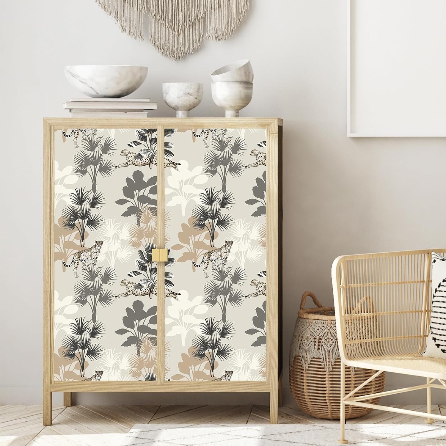 VaryStyle Cheetah Print Wallpaper Tropical Palm Tree Leopard Peel and Stick Wallpaper for Bedroom Boys Room 17.7"x118" Removable Self Adhesive Vintage Wild Animal Contact Paper for Cabinets Walls