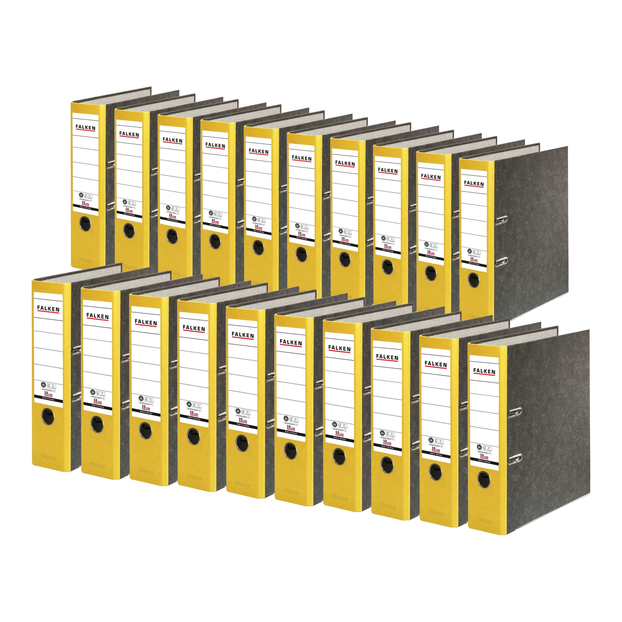 20x Falken Recycling segregator marmurkowy A4 szeroki 8 cm żółty grzbiet. Wyprodukowano w Niemczech. Segregator biurowy Segregator dźwigniowy Segregator z mechanizmem Certyfikat Błękitny Anioł