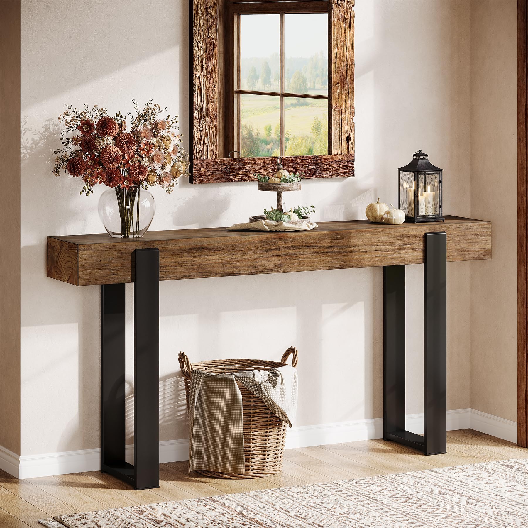 Tribesigns Konsolentisch Massivholz, 160 cm, mit Metallgestell, ideal für die Couch, Eingangsbereich, Flur im Landhausstil, rustikales Braun & Schwarz