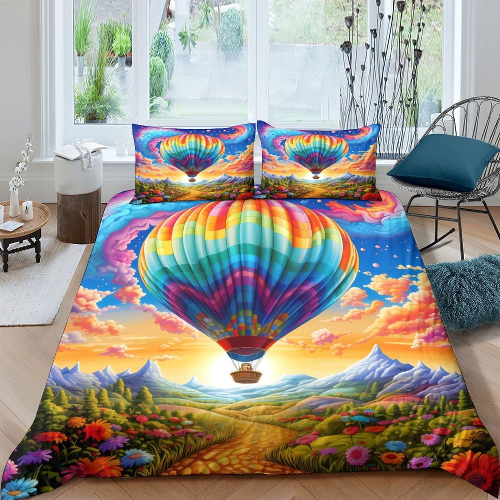 Ctjqhvkz Style-3 3D Printed Rainbow Hot Air Balloon Fitted Sheet Microfiber Soft Bed Cover For Bedroom Dorm Colorful Scenic Decor Single（135X200cm）