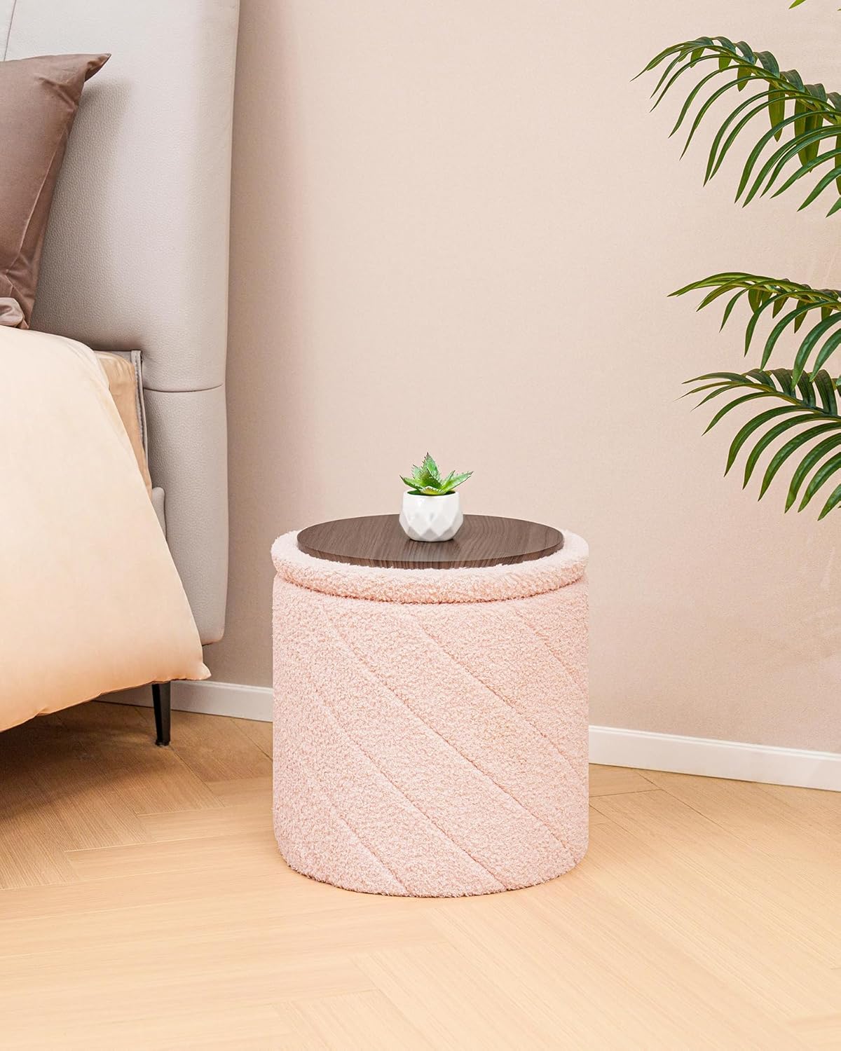 Round Ottoman with Storage, Boucle Foot Rest Stool with Reversible Tray Lid, Folding Teddy Ottoman Coffee Table for Dorm Living Room Bedroom Entryway, Pink,13" x 13" x 13.8"