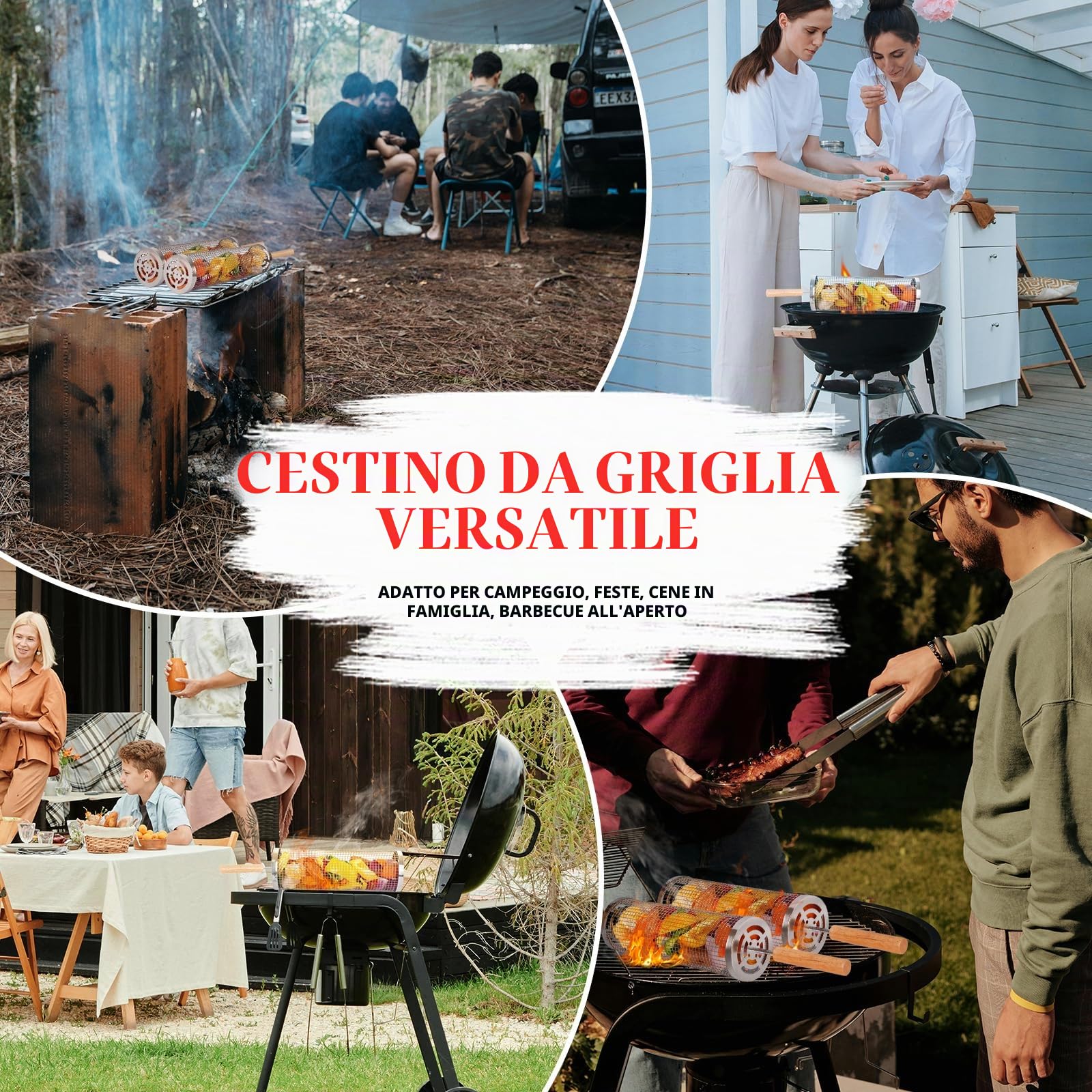 2 cestelli per griglia a rulli con manici in legno,Robusti accessori griglia in acciaio inox per grigliare verdure/gamberi/carne,Strumenti per grigliare da uomo per esterni,giardinaggio e campeggio