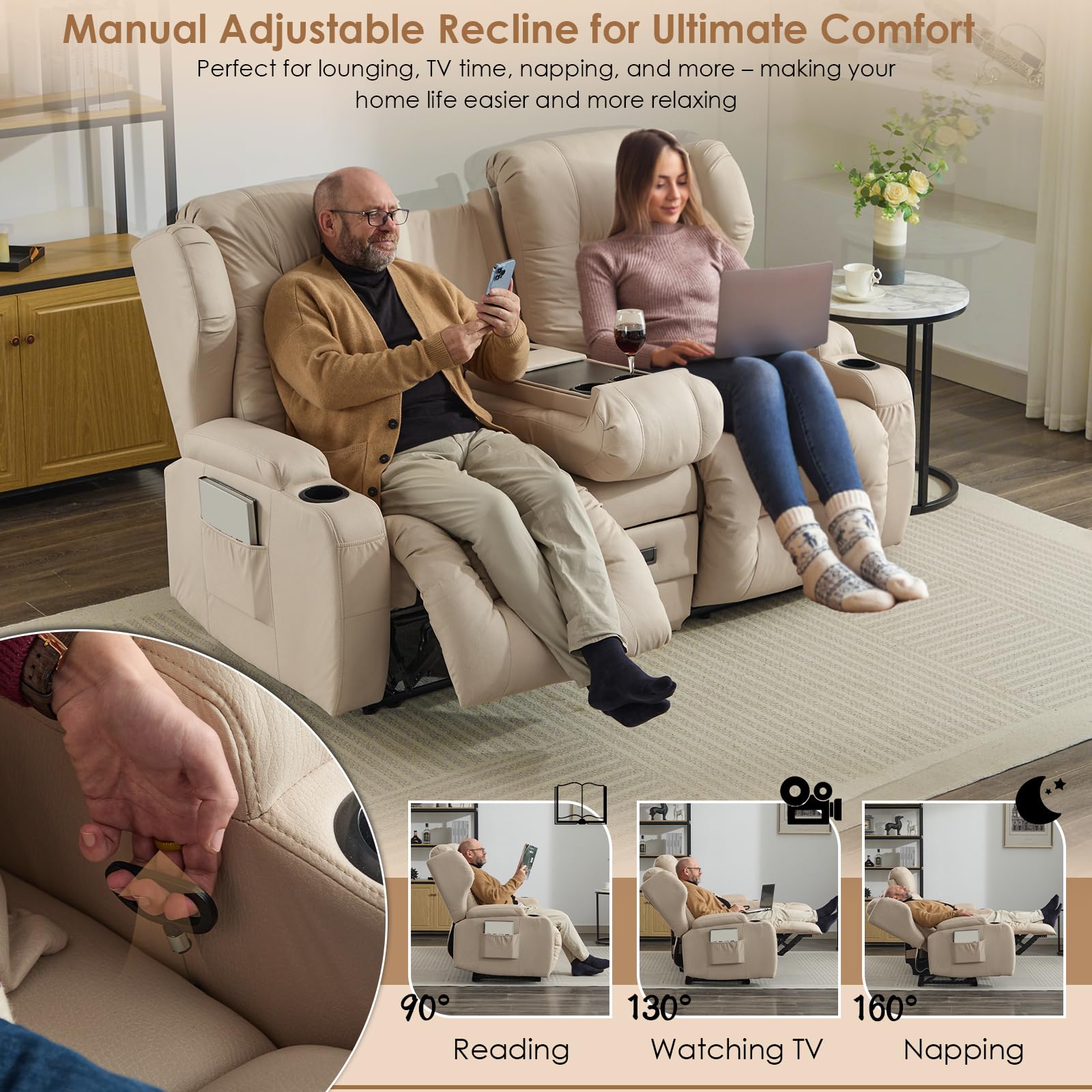 SAMERY Zweisitzer Relaxsessel mit Liegefunktion, 2er-Fernsehsessel Kinosessel 2 Sitzer TV Sessel Heimkino Sitze mit klappbare Mittelkonsole, 4 Getränkehalter (Beige, 172 cm Zweisitzer)