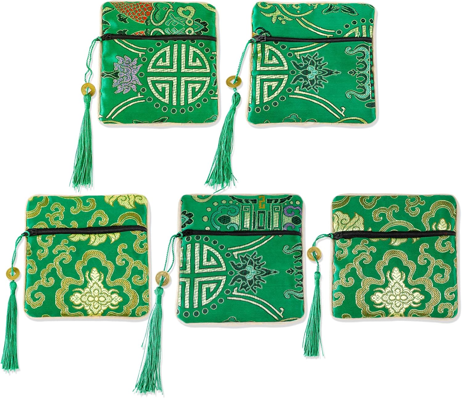 Onukaly 5PCS Green Chinese Silk Brocade Jewelry Pouch - Zipper Embroidered Coin Wallet for Women, Secure Trinket Bags