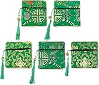 Onukaly 5PCS Green Chinese Silk Brocade Jewelry Pouch - Zipper Embroidered Coin Wallet for Women, Secure Trinket Bags